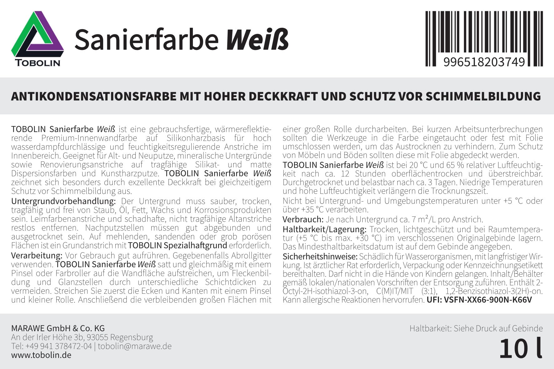 Tobolin Sanierfarbe Weiß 10 L - Antikondensationsfarbe zur Schimmelsanierung - Innenfarbe mit hoher Deckkraft und Langzeitschutz vor Schimmelbildung - Renovierungsfarbe nach Schimmelbefall