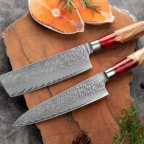 Miniatura 5 de Juego de utensilios de cocina de 9 piezas de cuchillos de chef de damasco, hoja afilada de acero inoxidable de alto carbono, VG10 73 capas, espiga