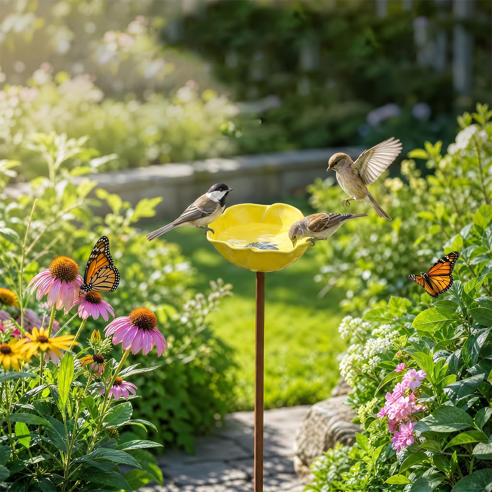 Bpyhebe Metal Flower Bird Feeder Stake, Handmade Bird Bath Butterfly Bee Watering Station for Outdoor Garden Yard Decor(Yellow)