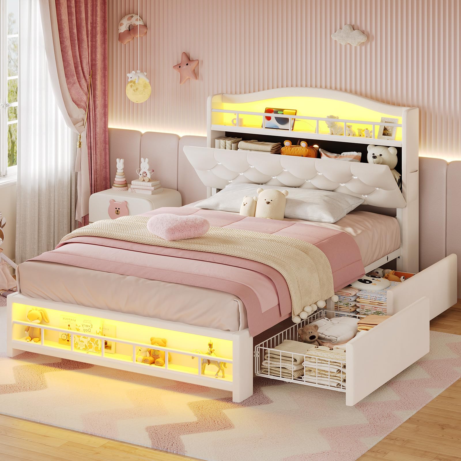 BTHFST Twin Bed Frame with Storage Headboard & 4 Drawers, Girl Upholstered Storage Bed with LED Lights & Charging Station, No Box Spring Needed, Easy