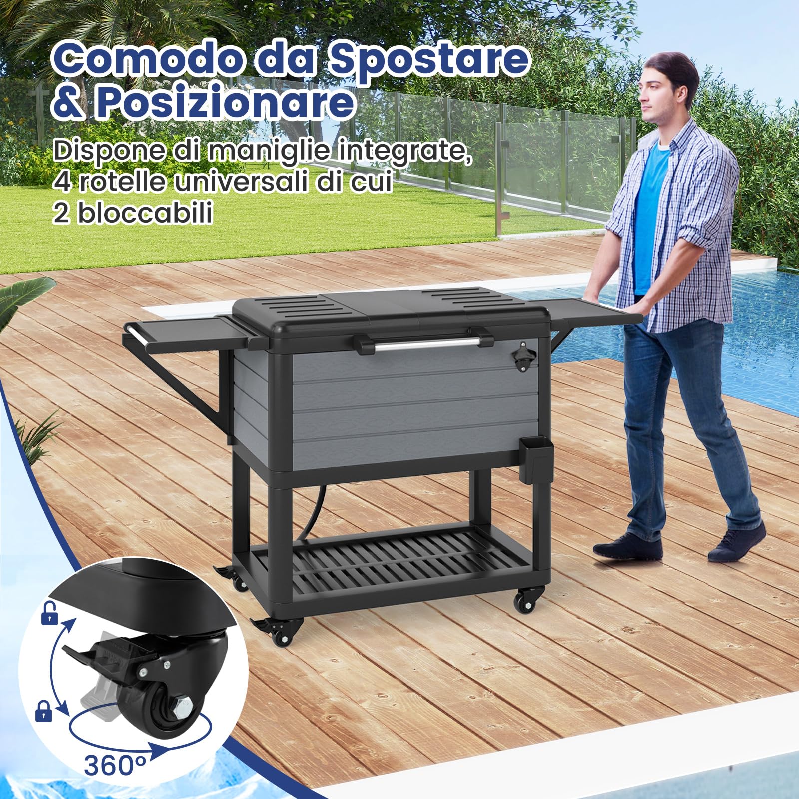 COSTWAY Carrello Porta Ghiaccio su Ruote 83 x 50 x 85 cm, Carrello Refrigerante con Ripiani di Stoccaggio e Apribottiglie, Portata 91 L, Frigorifero Portavivande da Esterno per Feste e Barbecue