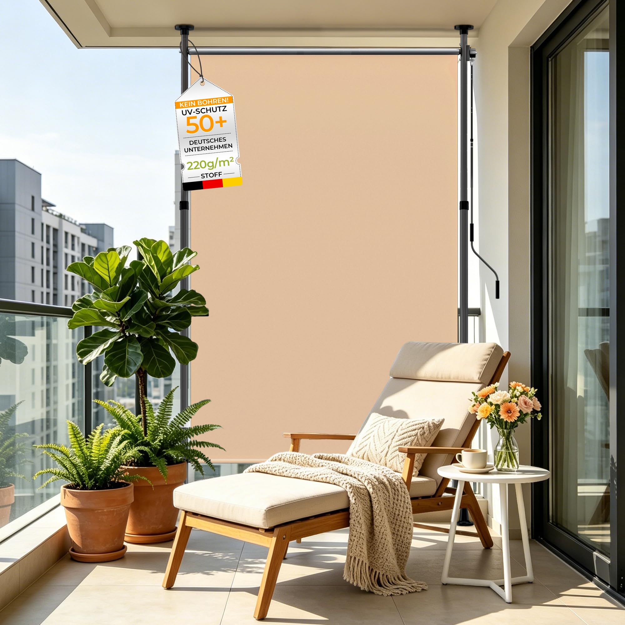 HOMEDEMO Senkrechtmarkise Außen, Vertikalmarkise ohne Bohren, Balkonrollo mit Handkurbel, Sonnenschutz Windschutz, Außenrollo für Balkon Terrasse Garten