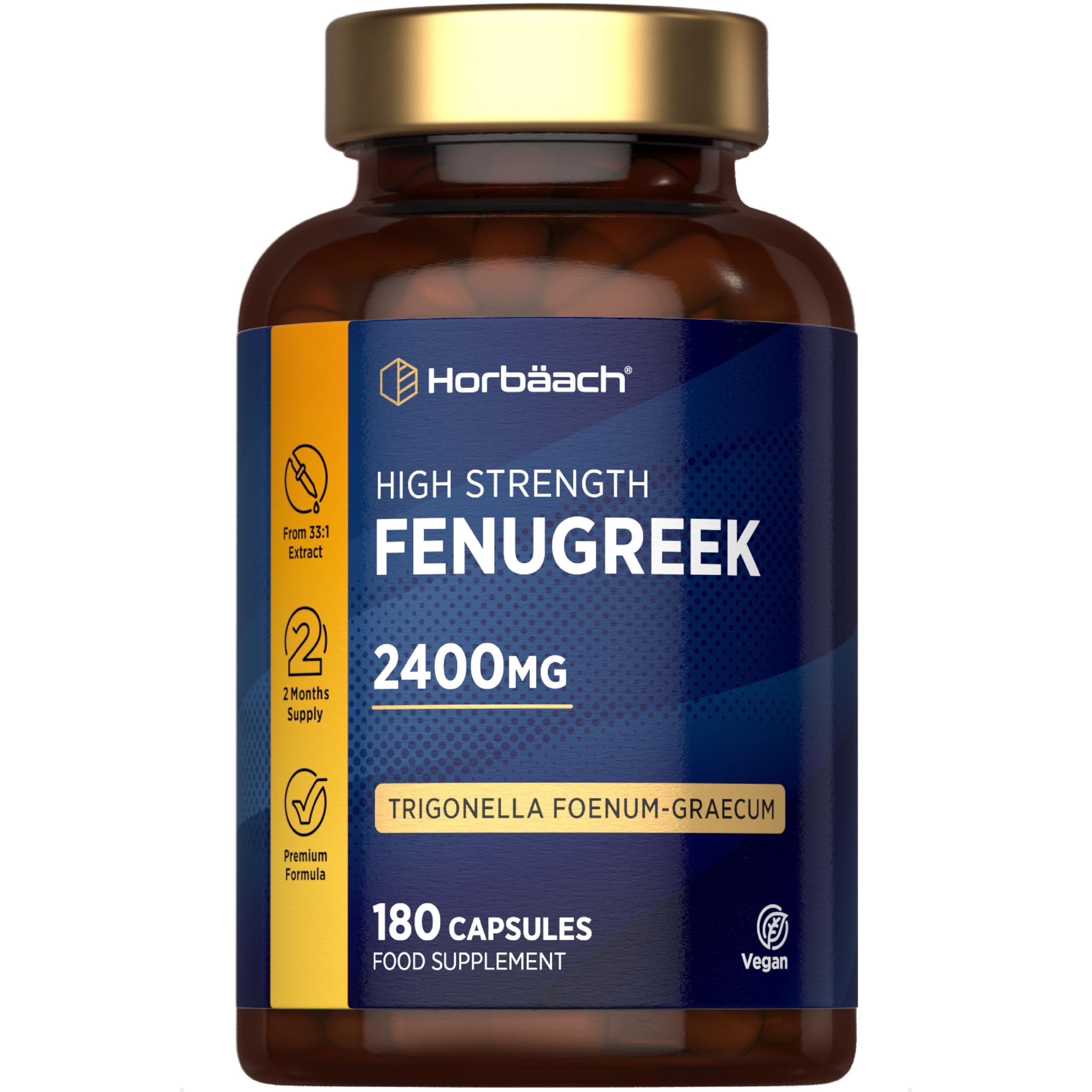 Fenugreek Capsules 2400mg | Fenugreek Seed Extract | 180 Vegan Powder Capsules | High Strength | by Horbaach