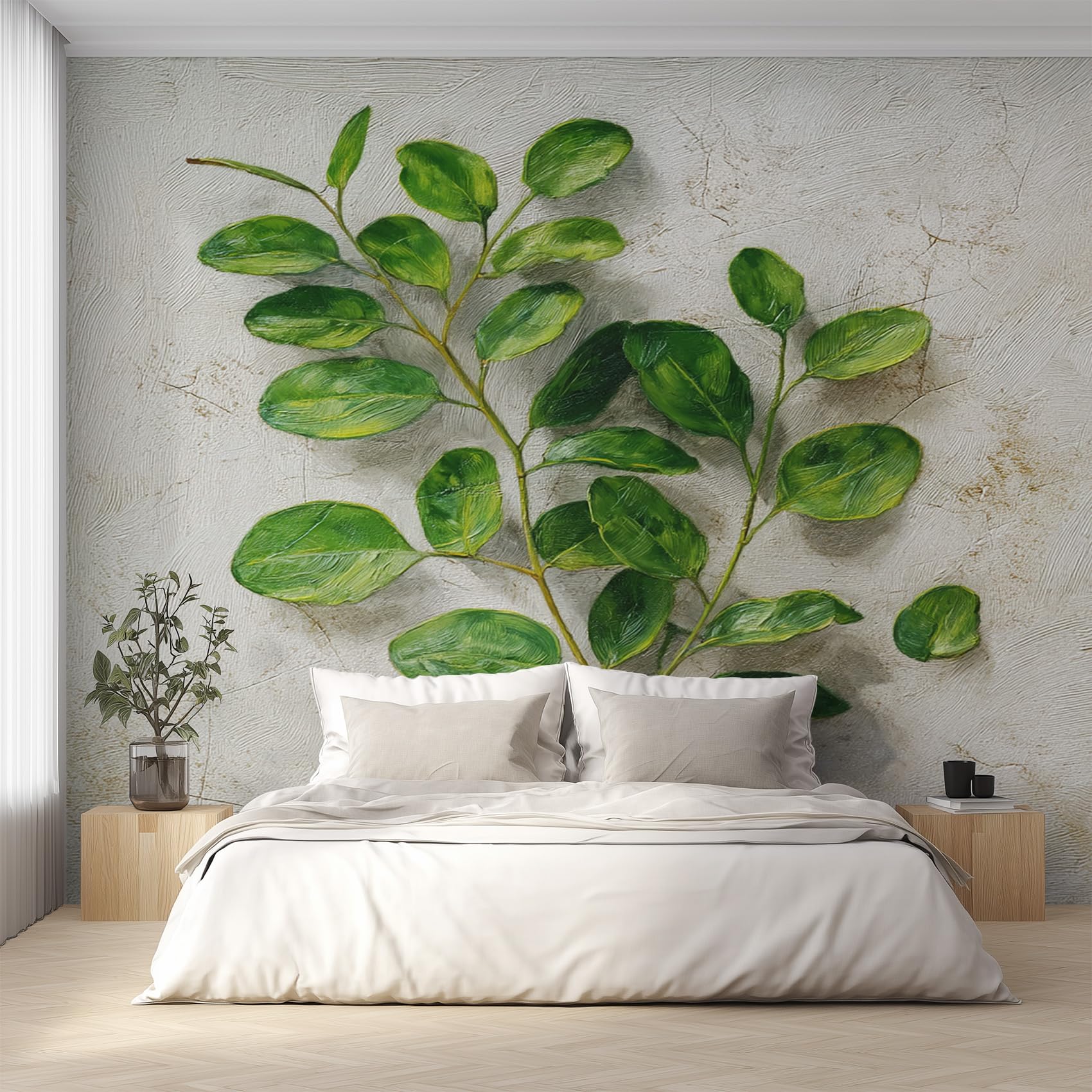 Papier peint panoramique eucalyptus pour masquer un mur abîmé avec style