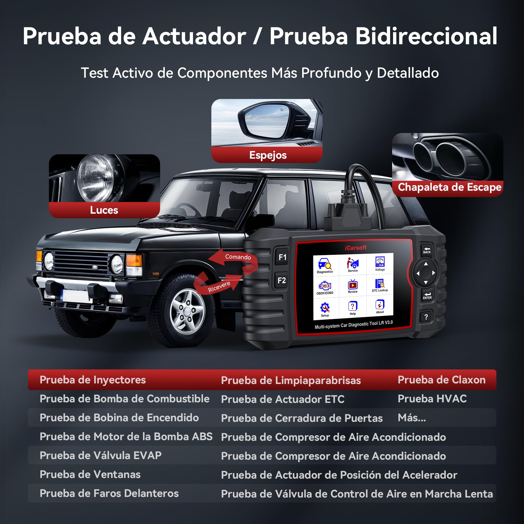 iCarsoft LR V3.0 OBD2 Máquina Diagnosis Coche para Land Rover/Jaguar, Bidireccional Escáner de Todo el Sistema, 37+ Funciones Reinicio, Prueba de Batería, Vin Automático, Actualizaciones de por Vida