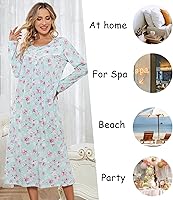 Vista 5 de IZZY + TOBY Camisones de algodón de manga larga para mujer, camisón de algodón suave para mujer, camisón largo para dormir