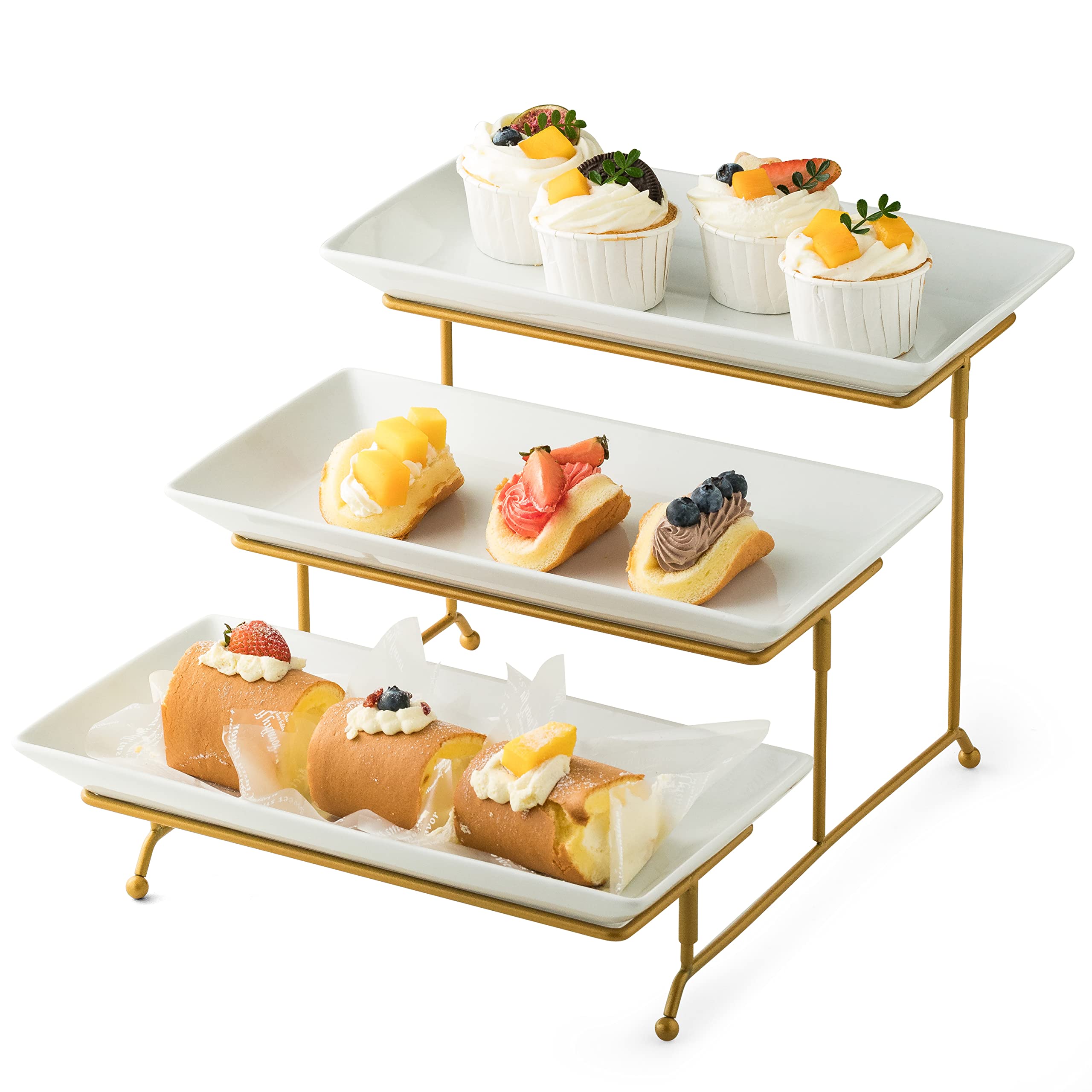 factory sealGomakren 3 Tier Serving Stand with Porcelain Serving Platter Tray Collapsible