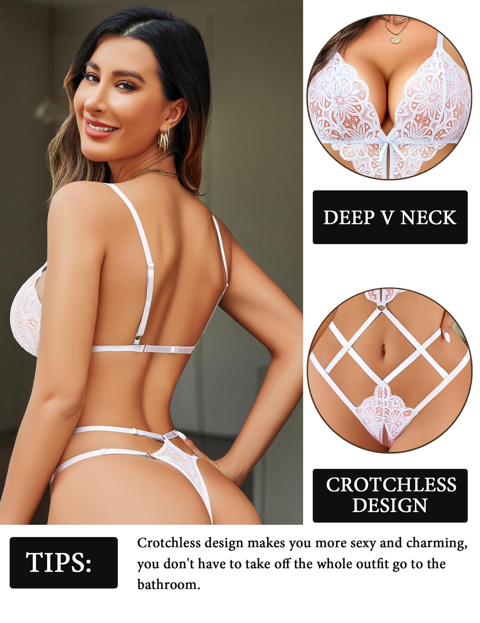 Avidlove Women Lingeries Deep V Teddy Lingerie Sexy Lace Bodysuit Cut Out One Piece Mini Babydoll: White XX-Large