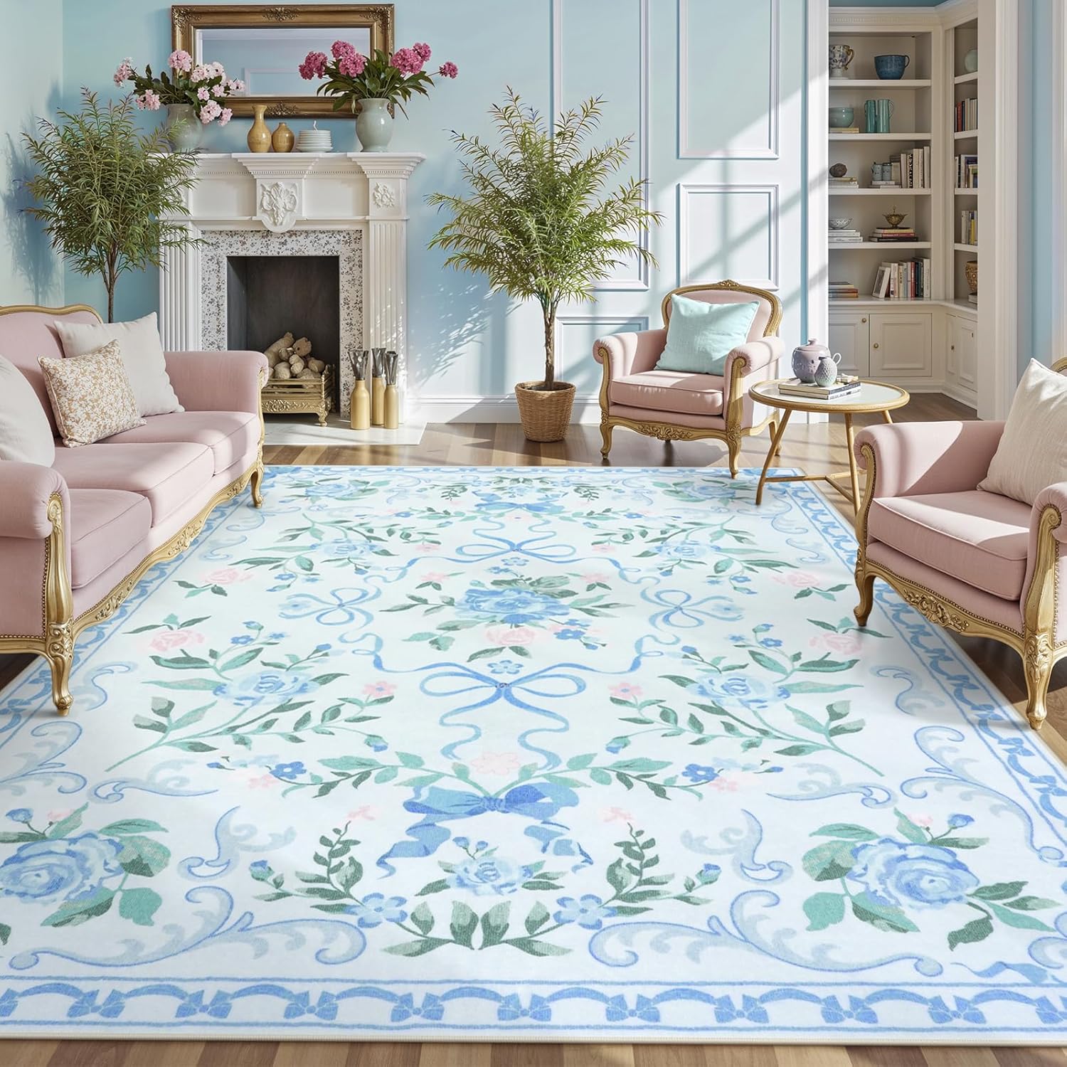 Collive Blue 8X10 Rugs for Living Room, 8x10 Bow and Floral Washable Area Rug Non Slip, Soft Boho Indoor Decor Elegant Carpet for Bedroom Kids Room Nursery Dining Room Blue / Multi 8' x 10' (Rectangular)