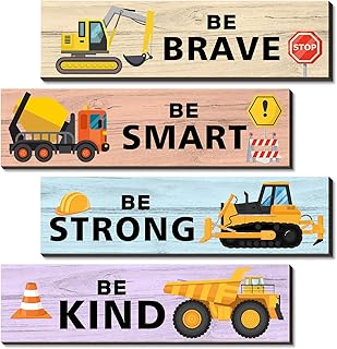 4 Pieces Construction Trucks Decor Wooden Hanging Wall Plaques, Wall Art Inspirational Quotes, Construction Trucks Theme Room Wall Decor, Perfect for boy Kids Bedroom Playroom Decoration