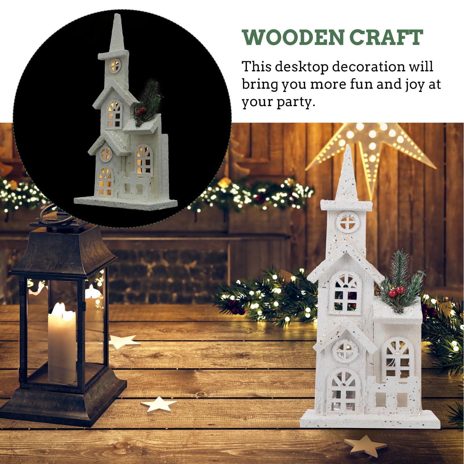 Angoily Maison de village de Noël en bois, maison lumineuse à LED pour décoration de bureau de Noël, décoration de vacances, 38,1 cm de haut