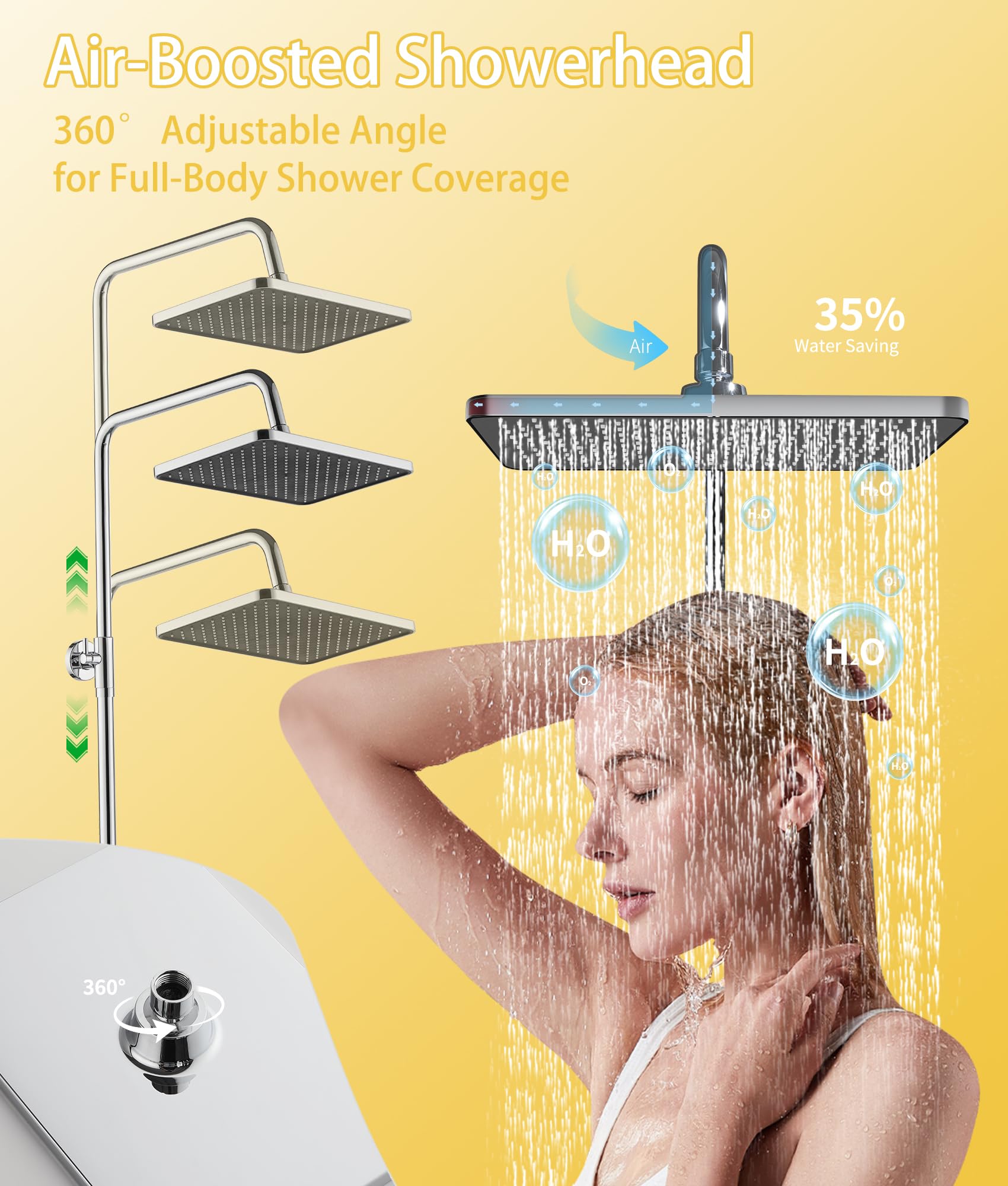 Duschsystem mit Thermostat,Duscharmatur Komplettset mit 3 Strahlarten Handbrause, Duschset Quadratisch Regendusche Duschkopf 88-125cm Duschstange Regendusche mit Armatur 30X20cm Uberkopfbrause(Chrom)