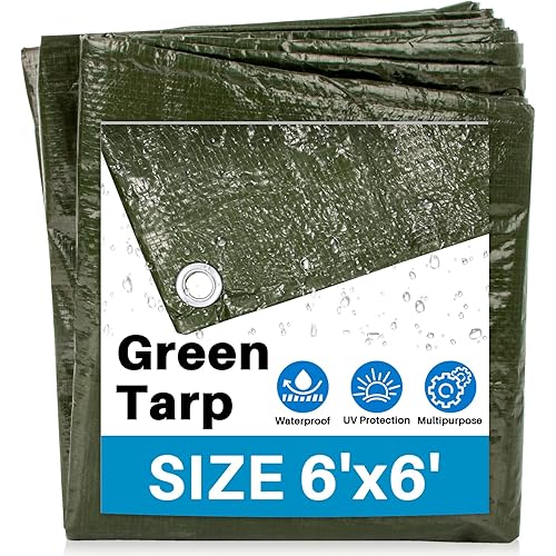 Camping Tarp Waterproof - 6'x 6' Heavy Duty Tarps for Camping Tent Outdoors Garden Car Roof Multipurpose Protective Rain Sunshade Cover Thick All-Weather Emergency Tarpaulin Plastic