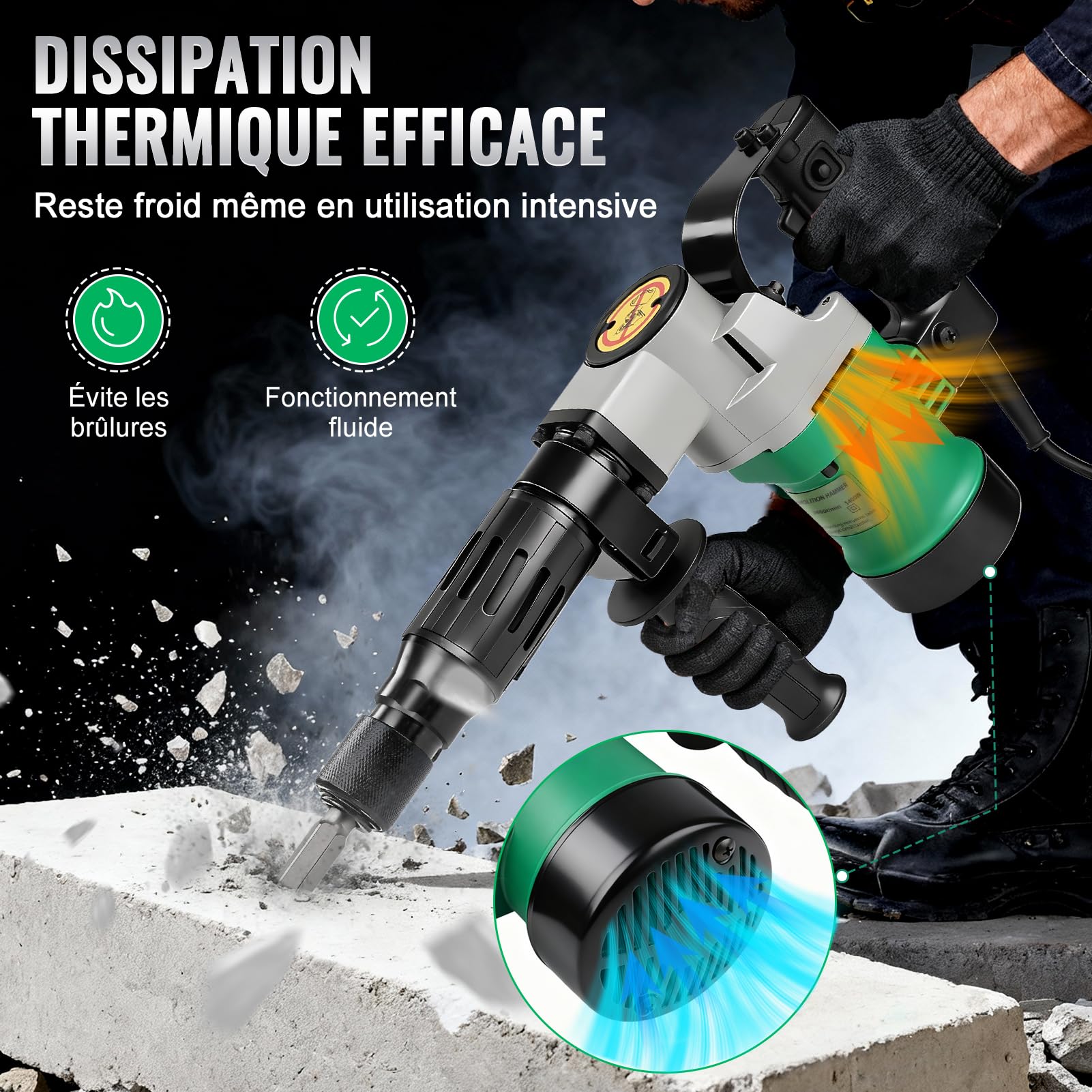 Marteau Piqueur, 1400W 30 Joules Marteau Piqueur De DéMolition Marteau Perforateur Burineur Electrique Avec Burin Pointu Et Burin Plat,Anti-Vibration PoignéE Rotative 360° Pour Brise-BéTon
