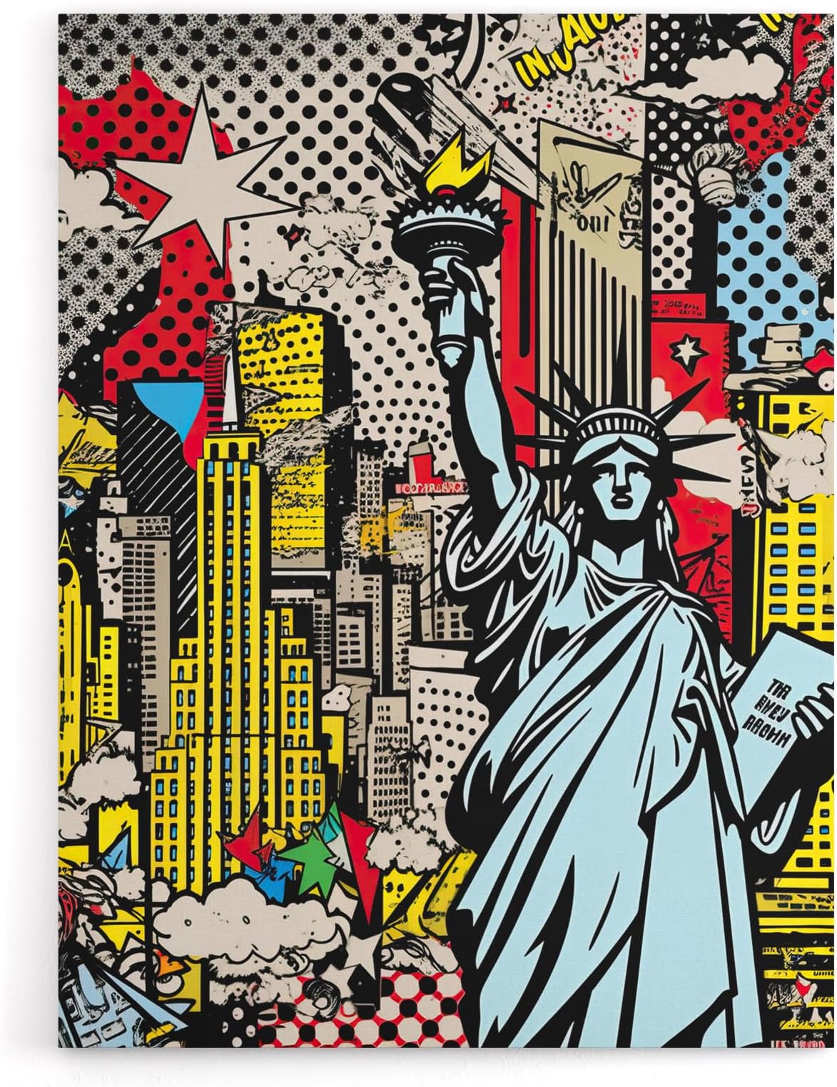 Artery8 New York Skyline Statue Of Liberty Pop Art Canvas Wall Art Print 12X16: Bold reimagining of an American icon in strong colour blocks, lively tribute to city energy