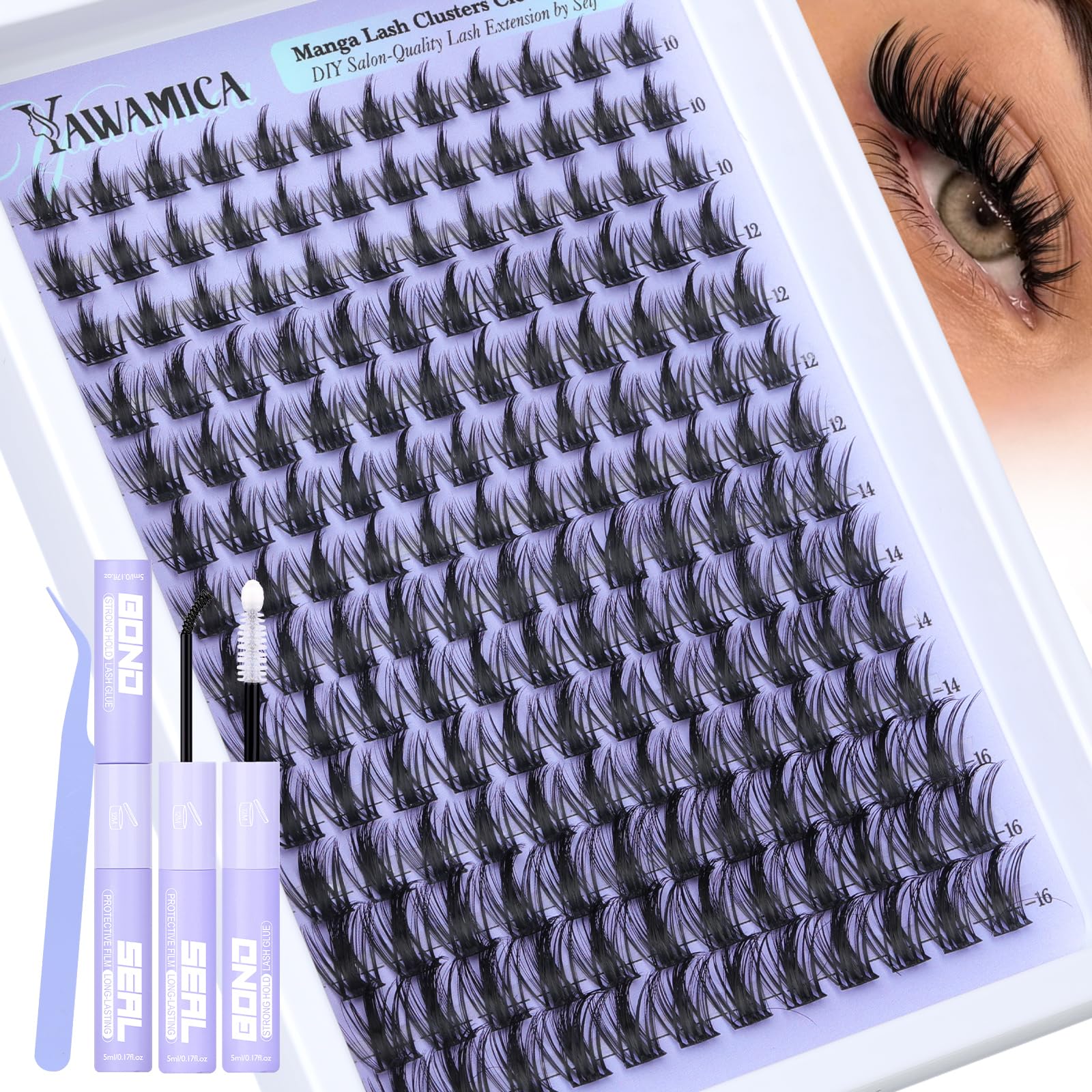 Manga Lash Clusters Kit DIY Anime Eyelash Extension Kit 10-16mm Spiky Individual Lashes Clusters Wide Anime Eyelash Clusters Kit with 2-in-1 Bond & Seal Precision Tweezers DIY Lash Kit by Yawamica