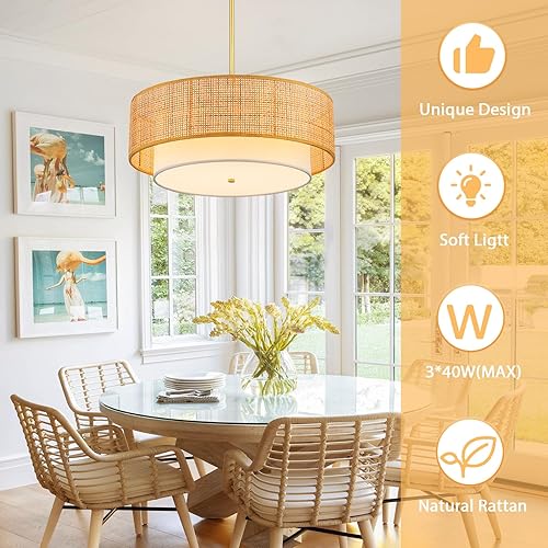 Miniatura 2 de SineRise Candelabro de ratán de 18 pulgadas, lámpara colgante grande bohemia de 3 luces, candelabros tejidos a mano para comedor con pantalla de