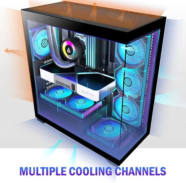 ANSAITE Boîtier PC ATX 7 Ventilateurs PWM ARGB pré-installés, Boîtier PC Gaming Mid-Tower, Boîtier Informatique panoramique en Verre trempé avec Type-C, Support de radiateur 360mm,Noir,C9 - 2