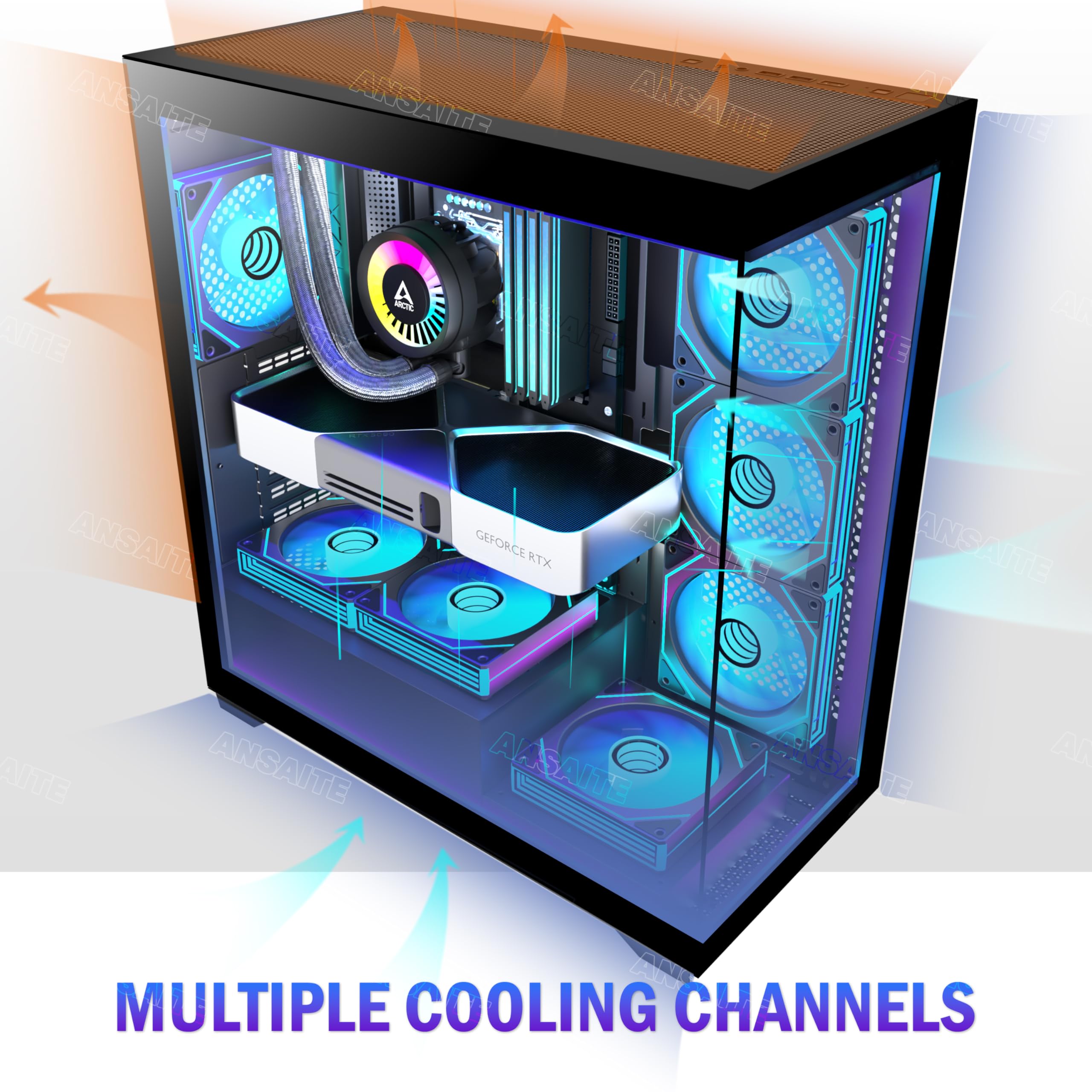 ANSAITE Boîtier PC ATX 7 Ventilateurs PWM ARGB pré-installés, Boîtier PC Gaming Mid-Tower, Boîtier Informatique panoramique en Verre trempé avec Type-C, Support de radiateur 360mm,Noir,C9 - 2