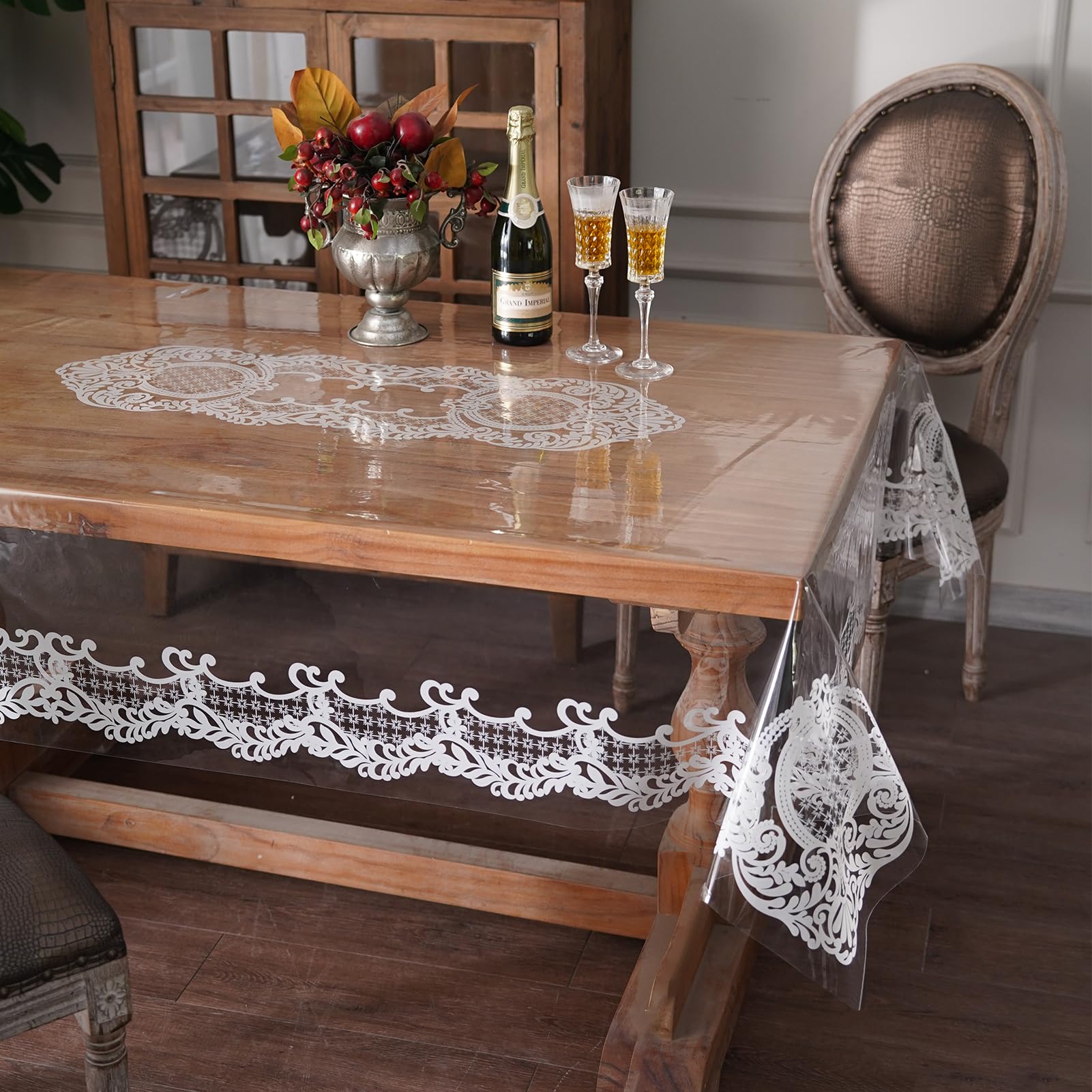 Photo 1 of Artbloss Rectangle Waterproof Clear Table Cover Protector Vinyl Table Cloth Oil Spill Proof Wipe Clean Lace Plastic Tablecloths for Dining Tables (White, 52 x 70 Inches)