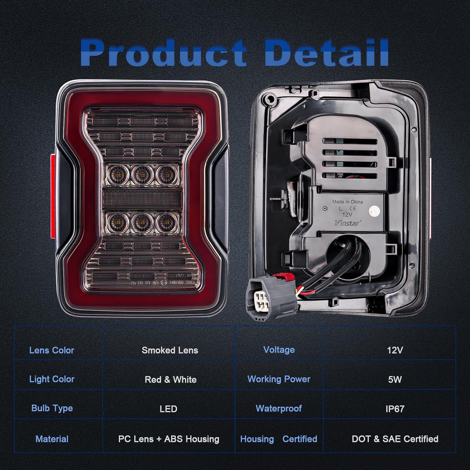 LED Tail Lights Compatible with 2007-2018 Wrangler JK JKU Unlimited Sport S Rubicon Sahara, DOT Approved Rear Taillights w/Built-in Resistors, Running, Brake, Turn Signal & Reverse Lights, Smoked Len