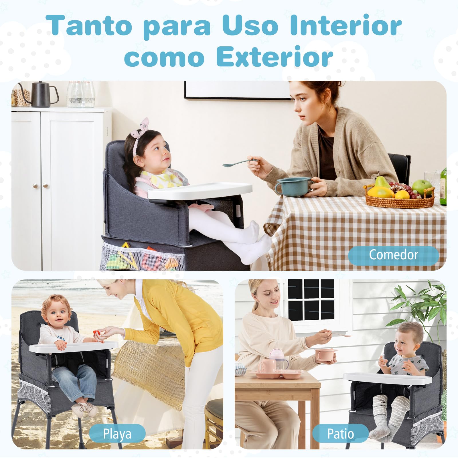 COSTWAY Trona de Bebe Portátil, Silla Plegable para Bebé con Bandeja Ajustable en 2 Niveles, Cinturón de Seguridad y Aberturas Ajustables para las Patas, Bolsillos de Malla, Trona Plegable