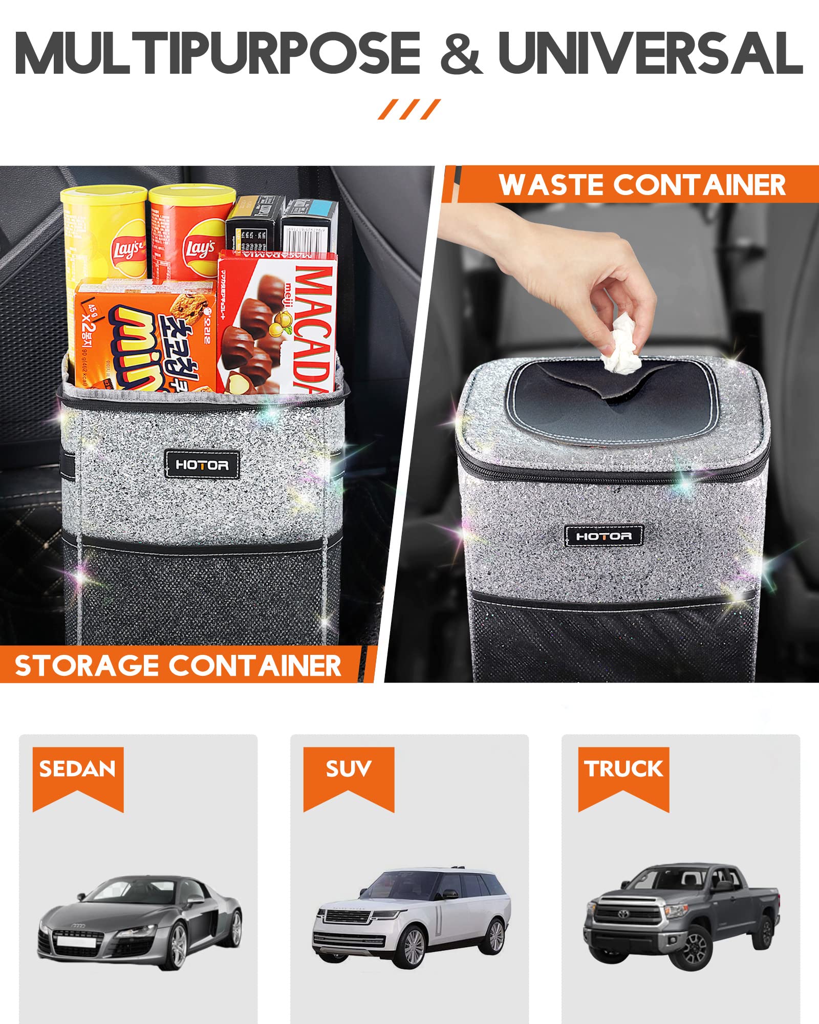 HOTOR Car Trash Can, Leakproof Car Organizer, 2-Gallon, Sparkle White view 6