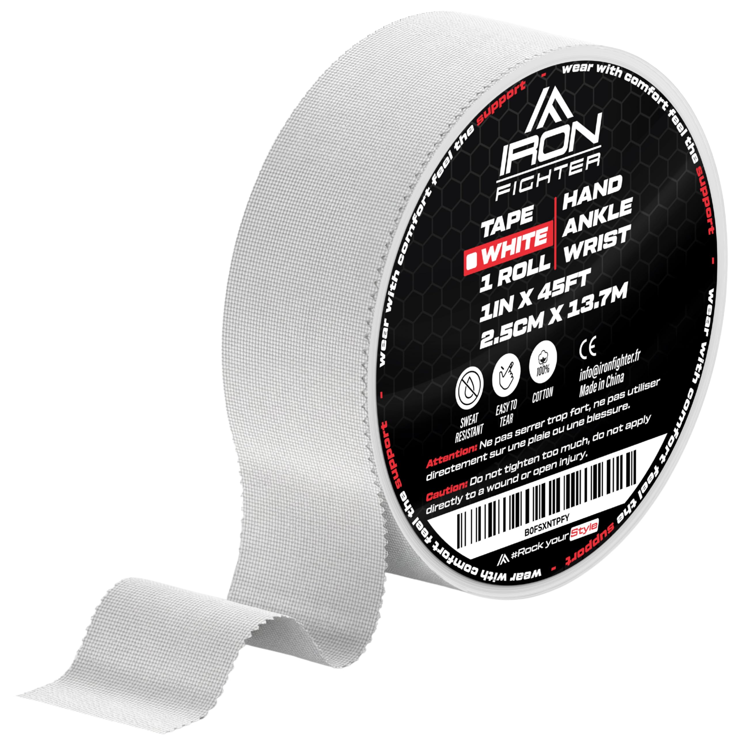 1X Bande de Strapping Rigide 2,5cm x 13,7m - Boxe - MMA - JJB - Escalade - CrossFit - Musculation Pour Poignet, Cheville, Main, Coude - Ruban Adhésif Sport Blanc