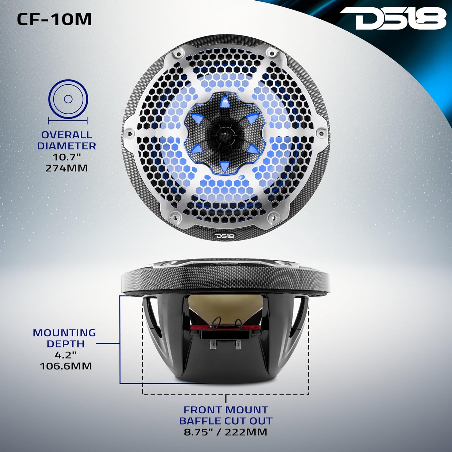 Technical diagram showing the dimensions of the DS18 Hydro CF-10M speaker, including overall diameter, mounting depth, and baffle cut-out.