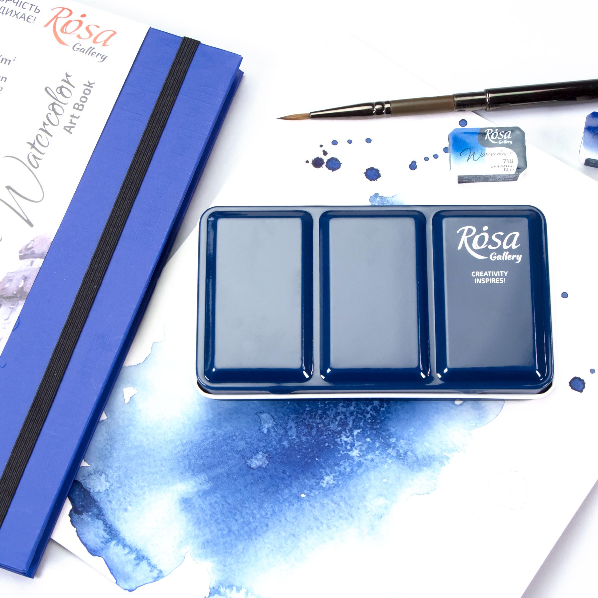 Rosa Gallery Leere Aquarellfarbenbox aus Metall (Indigo Voll 12 Napf)