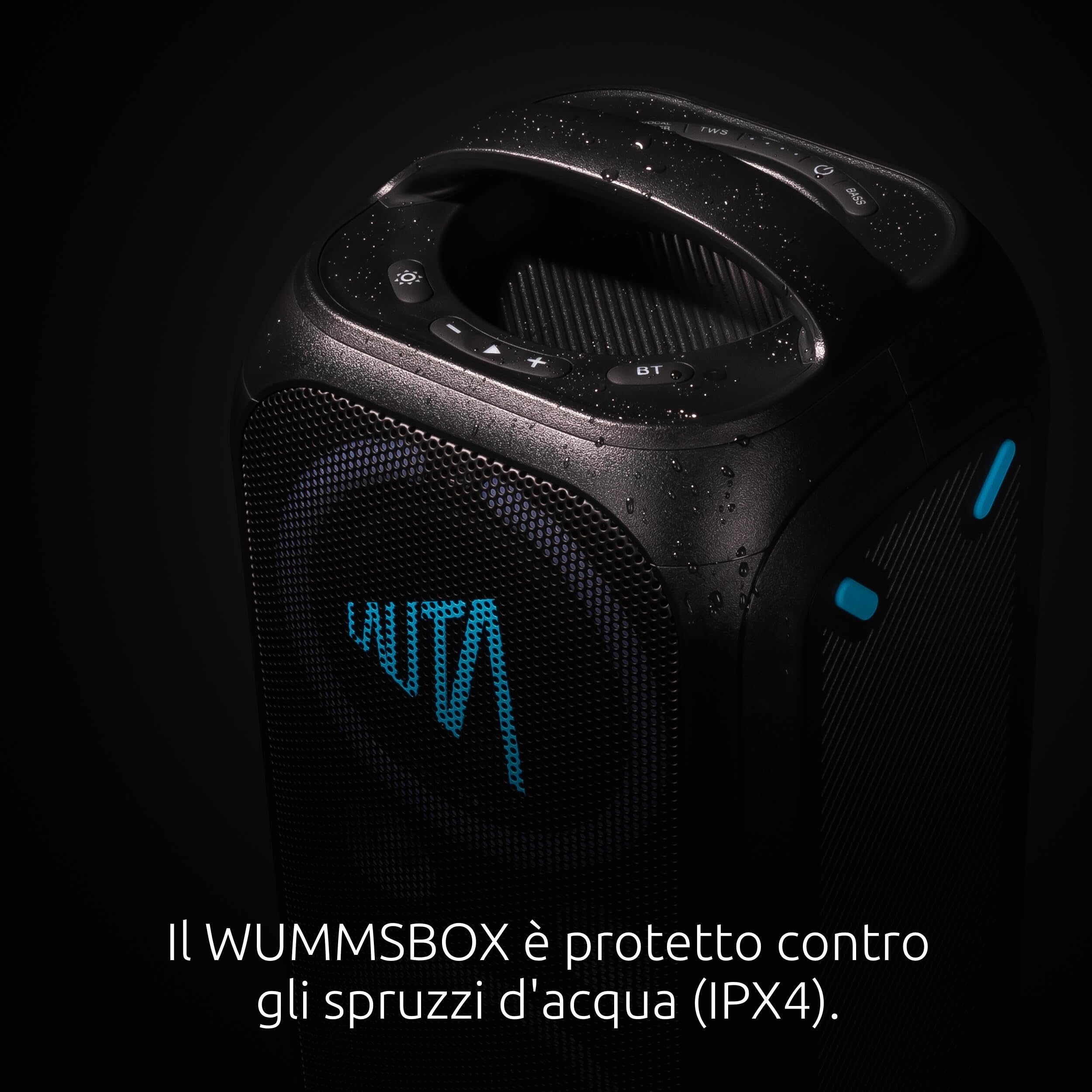 TechniSat LAUTA WUMMSBOX - Altoparlante Bluetooth portatile premium (160 W Peak, musica da festa 103 dB, Bass Boost, True Wireless Stereo, 12 h batteria, LED, IPX4, 80 W RMS)
