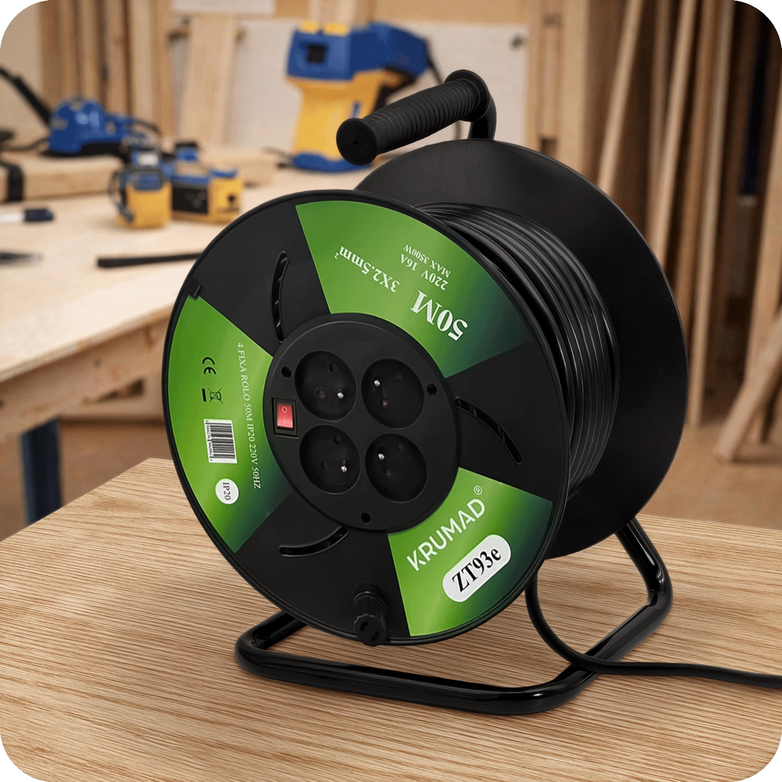 KRUMAD Enrollador de cable de 50 m con 4 enchufes con toma de tierra, cable 3 x 1 mm², 2000 W máx., 220 V, para taller y uso doméstico, tambor enrollador de cable con manivela, protección contra