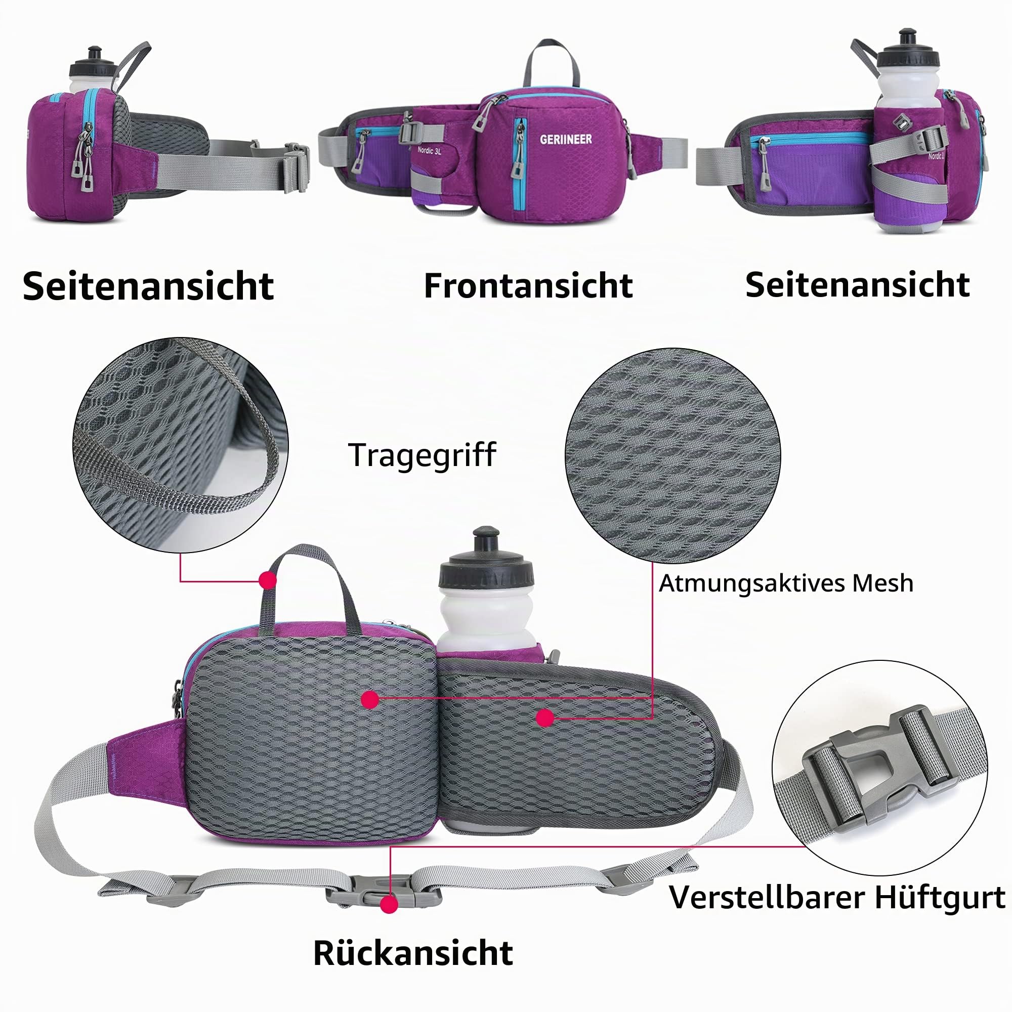 wasserdichte Bauchtasche Gürteltasche mit Flaschenhalter Damen und Herren, Bauchtasche Geeignet für Reise Sport Running und Alle Outdoor Aktivitäten, Hüfttasche Damen Herren Sport