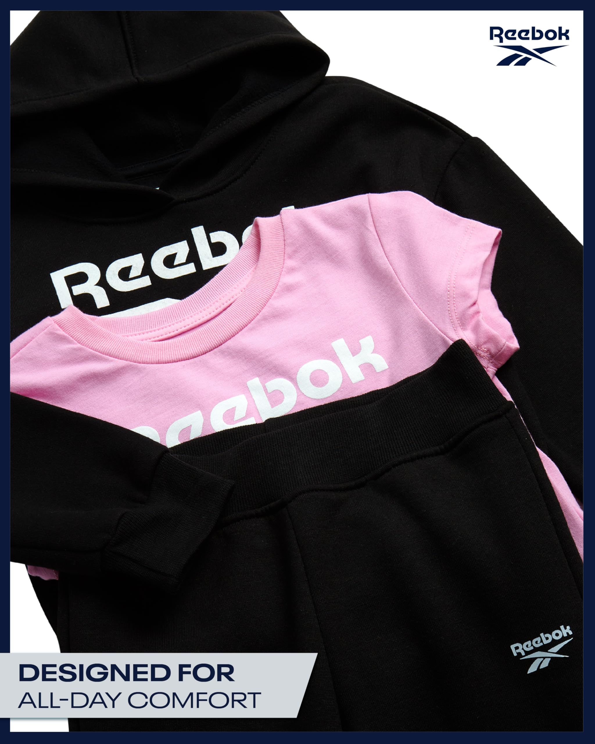 Reebok Sportbekleidungs-Set für Babys und Kleinkinder, 3-teiliges Set mit Kapuze und Sporthose für Mädchen
