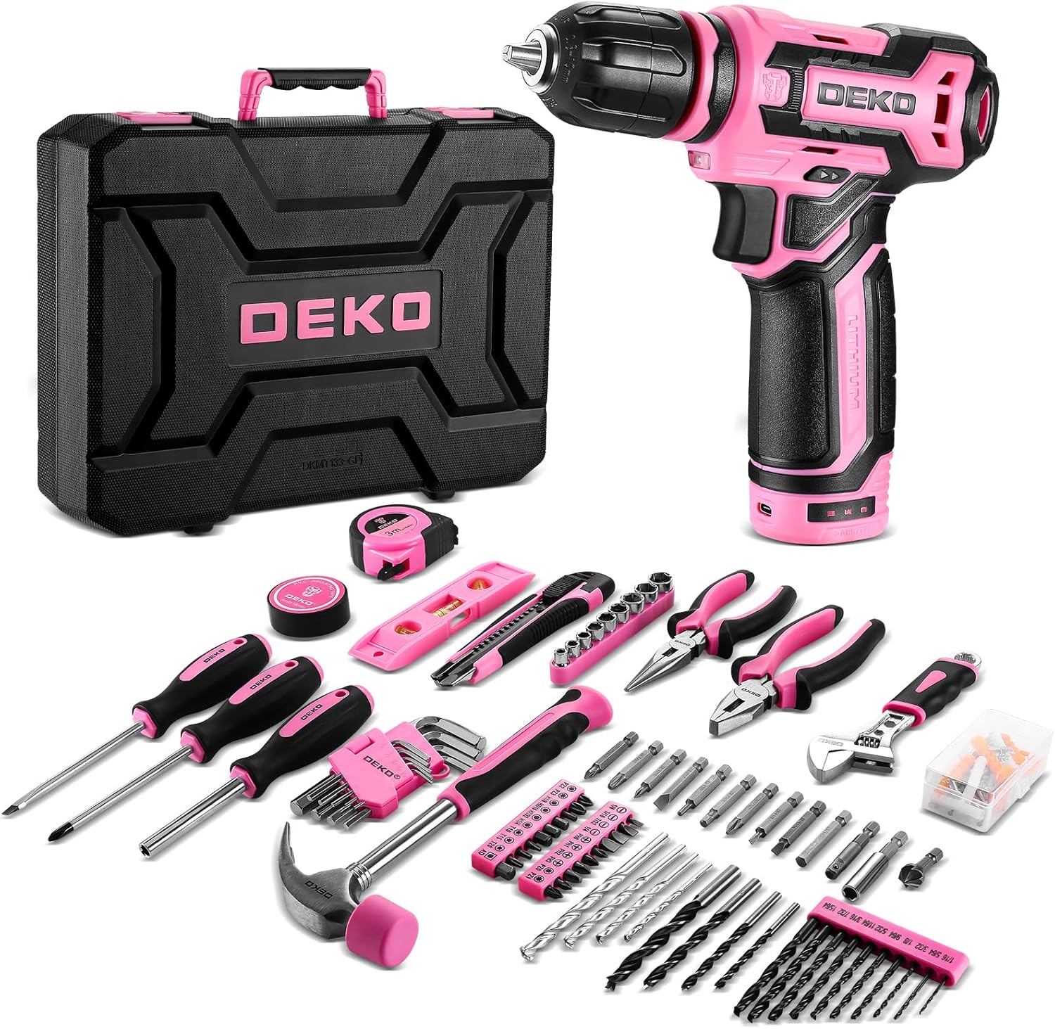 Pink Drill Tool Set Kit Power Cordless Drill Tool Box with 12V Battery