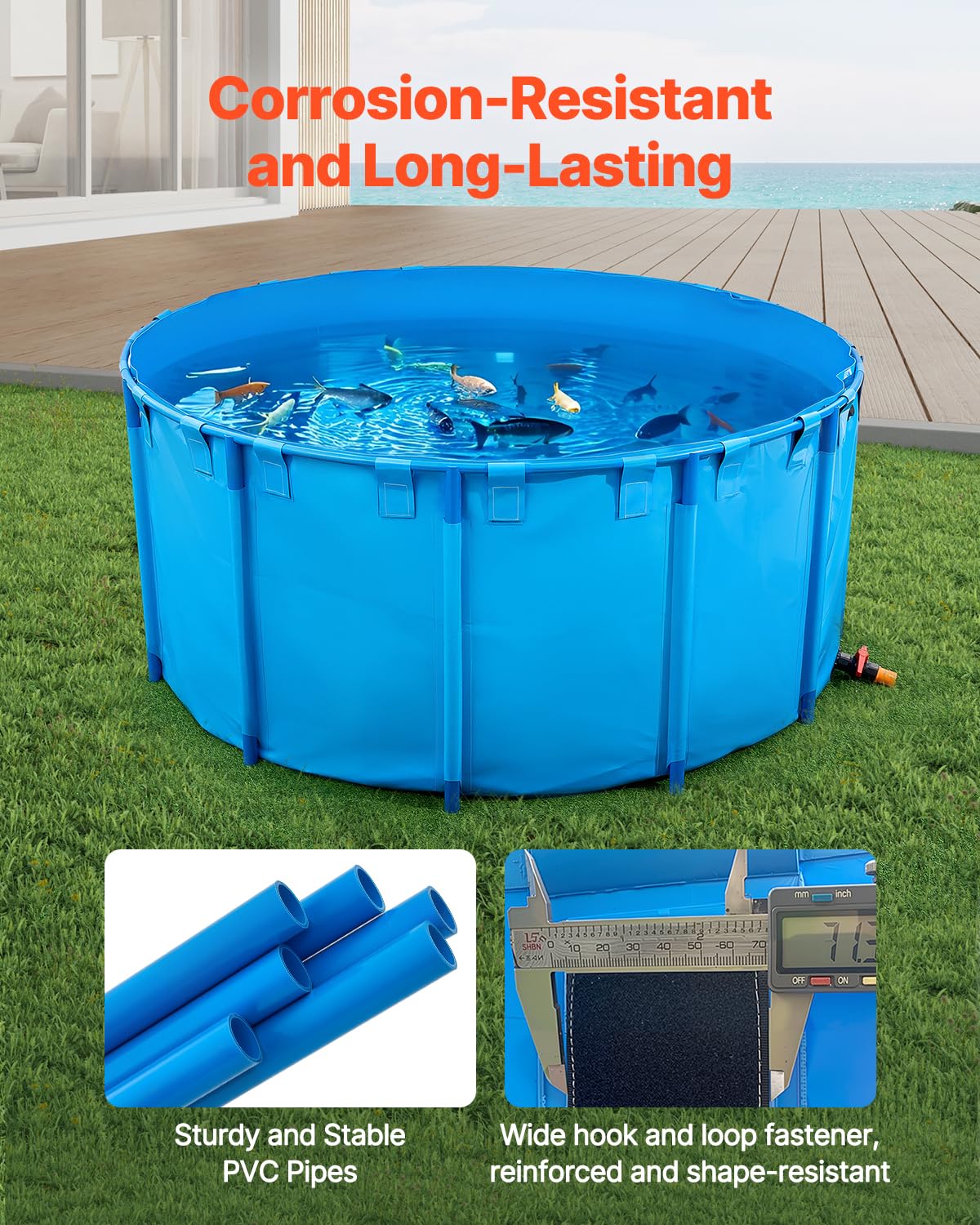VEVOR Bassin à Poissons Hors Sol, Capacité 4550 L, Étang à Poissons en Toile PVC, avec Cadre Stable en Plastique et Vanne de Vidange, pour Aquaculture, Élevage de Poissons Rouges, Carpes, Koïs, Bleu