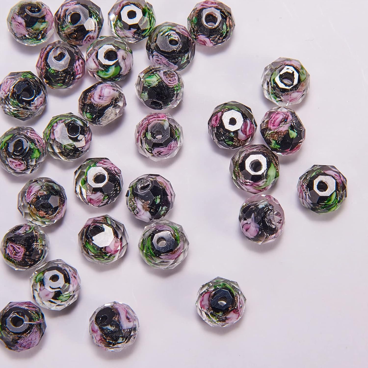 60 PCS Colorful Flower Lampwork Beads 10mm Gold Sand Faceted Glass Round Loose Beads for DIY Bracelet Necklace Earring Jewelry Making Supplies (Black) - Image 3