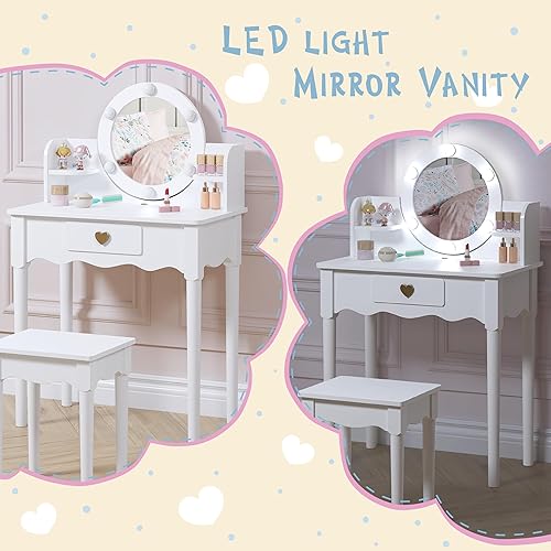 Miniatura 2 de UTEX Vanidad para niños, juego de tocador para niñas con espejo, taburete y luces, juego de mesa y silla de tocador para niños, mesa de tocador