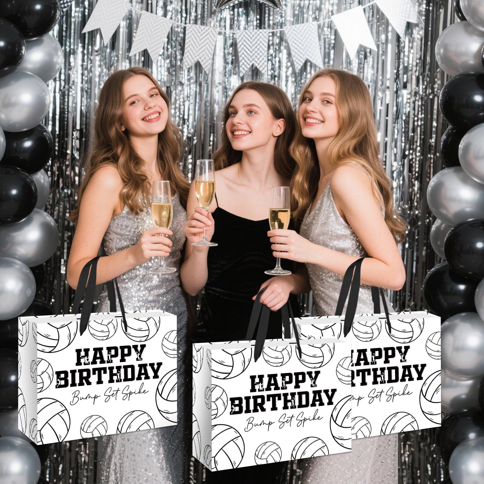 HSKMAKE Large Volleyball Birthday Gift Bag, Black White Volleyball Theme Gift Bag, with Card and Tissue Paper, Sports Party Gift Bags, for Boys, Girls, Fans, Birthday Party Favor Decorations Supplies