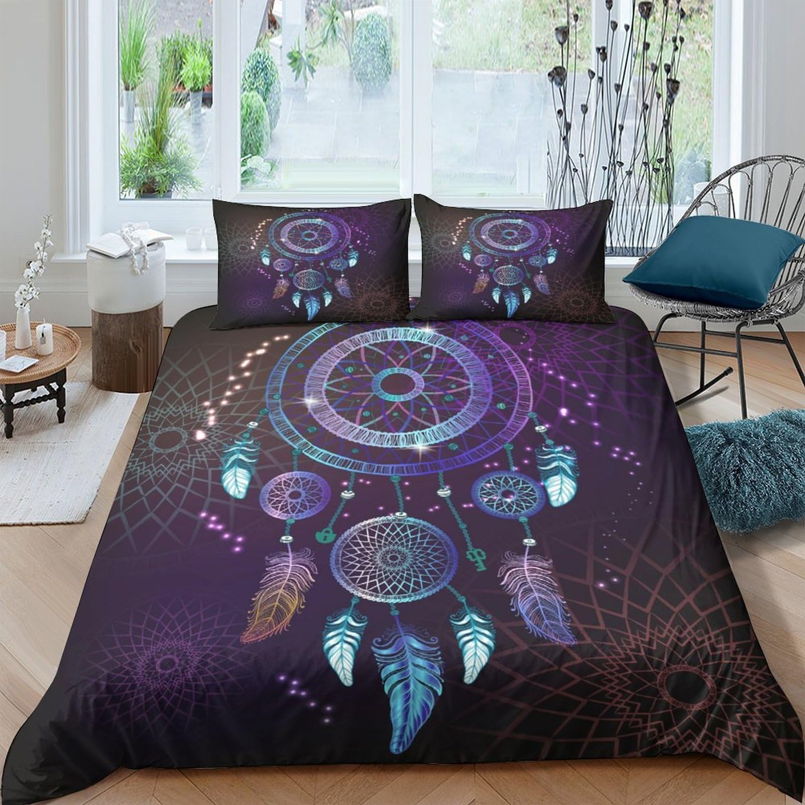 Ctjqhvkz Style-10 3D Printed Dreamcatcher Fitted Sheet Microfiber Soft Purple Blue Feather Mandala Bed Cover For Bedroom Dorm Mattress Protection Decor Single（135X200cm）