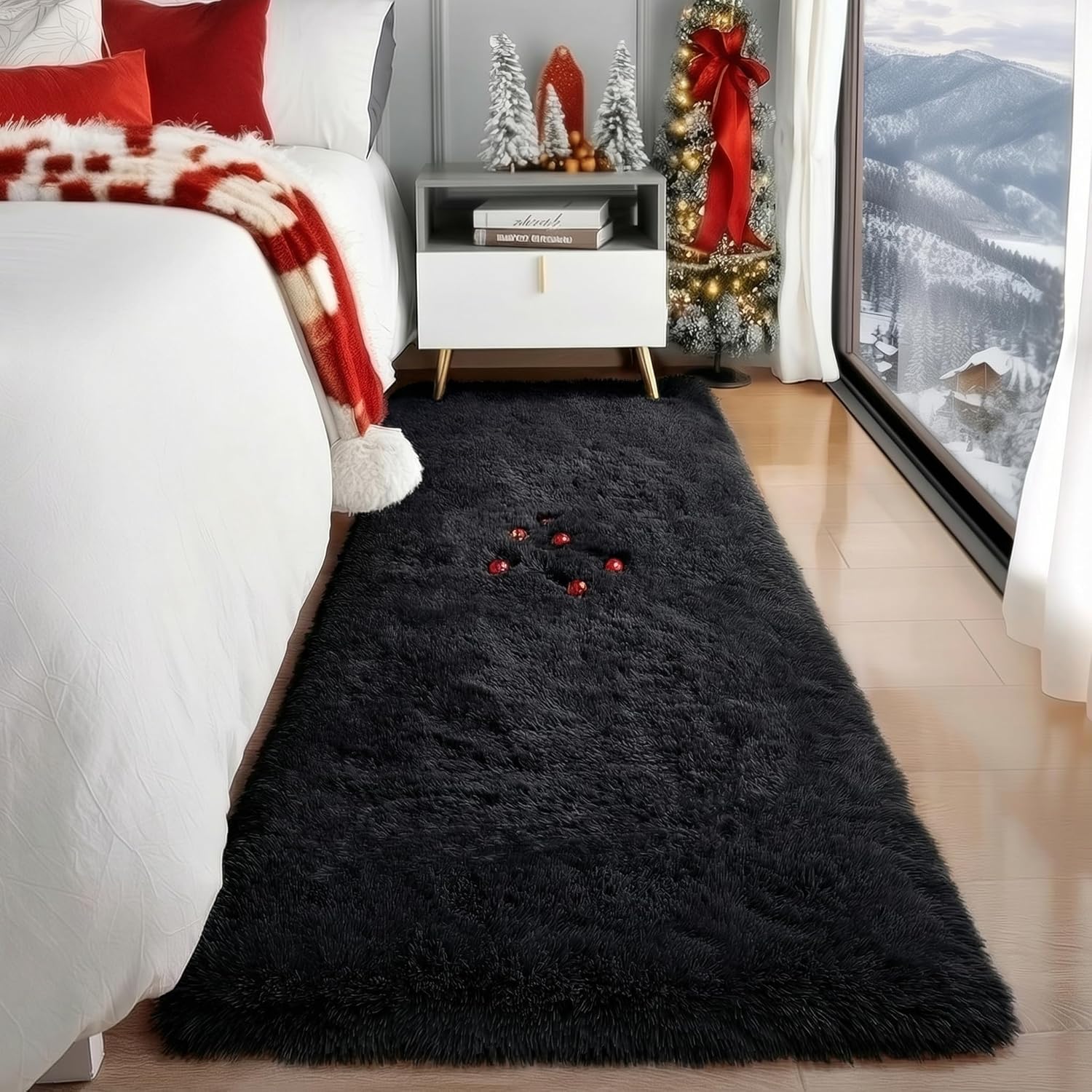 PAGISOFE Black Runner Rugs for Bedroom, Living Room 2x6 Small Plush Fluffy Boys Rug, Bedside Rug, Soft Rugs for Kids Room, Plush Shag Carpet, Accent Throw Rugs, Home Decor Aesthetic Nursery