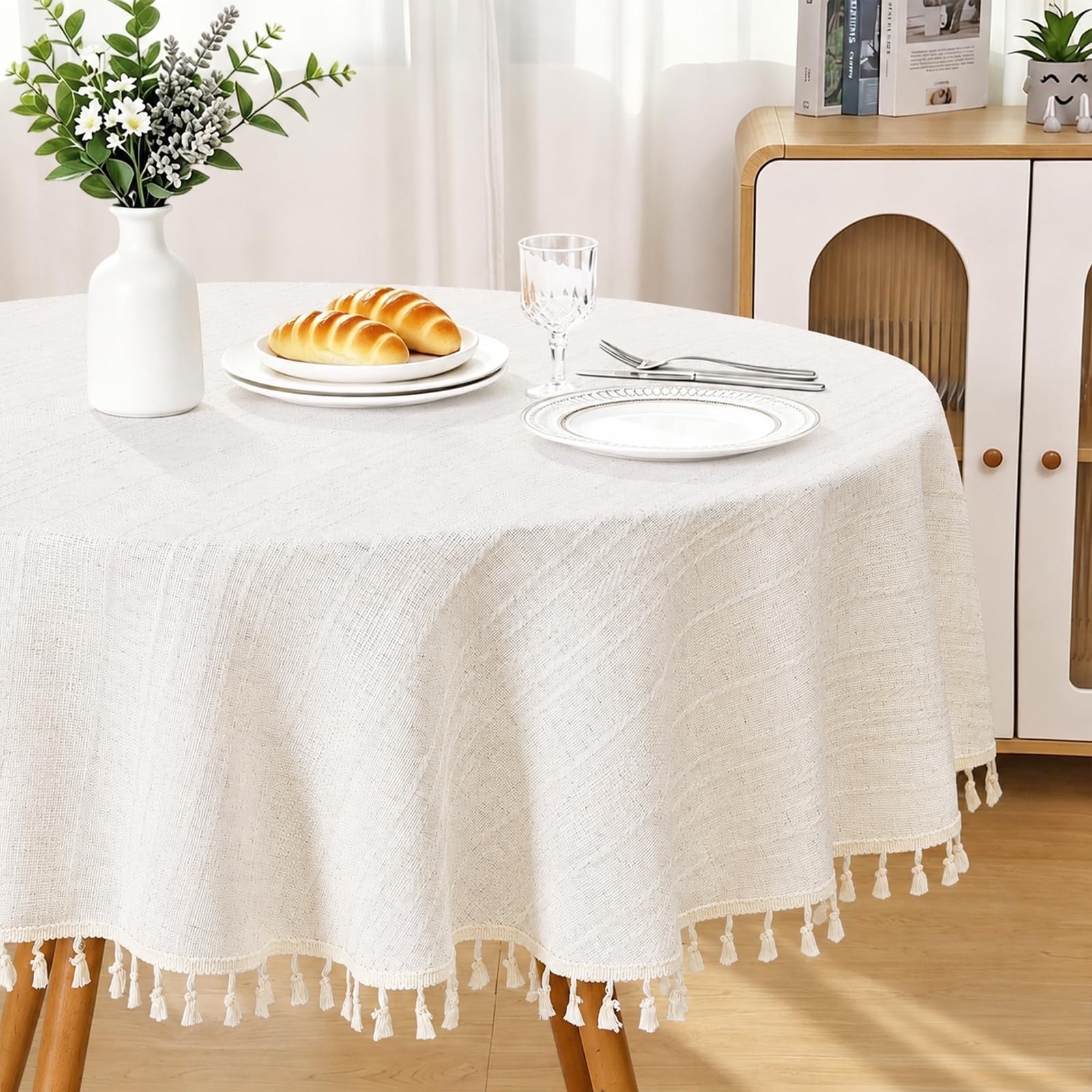 Dremisland Round Tablecloth 150cm Cotton Linen Waterproof Tablecloths Cream
