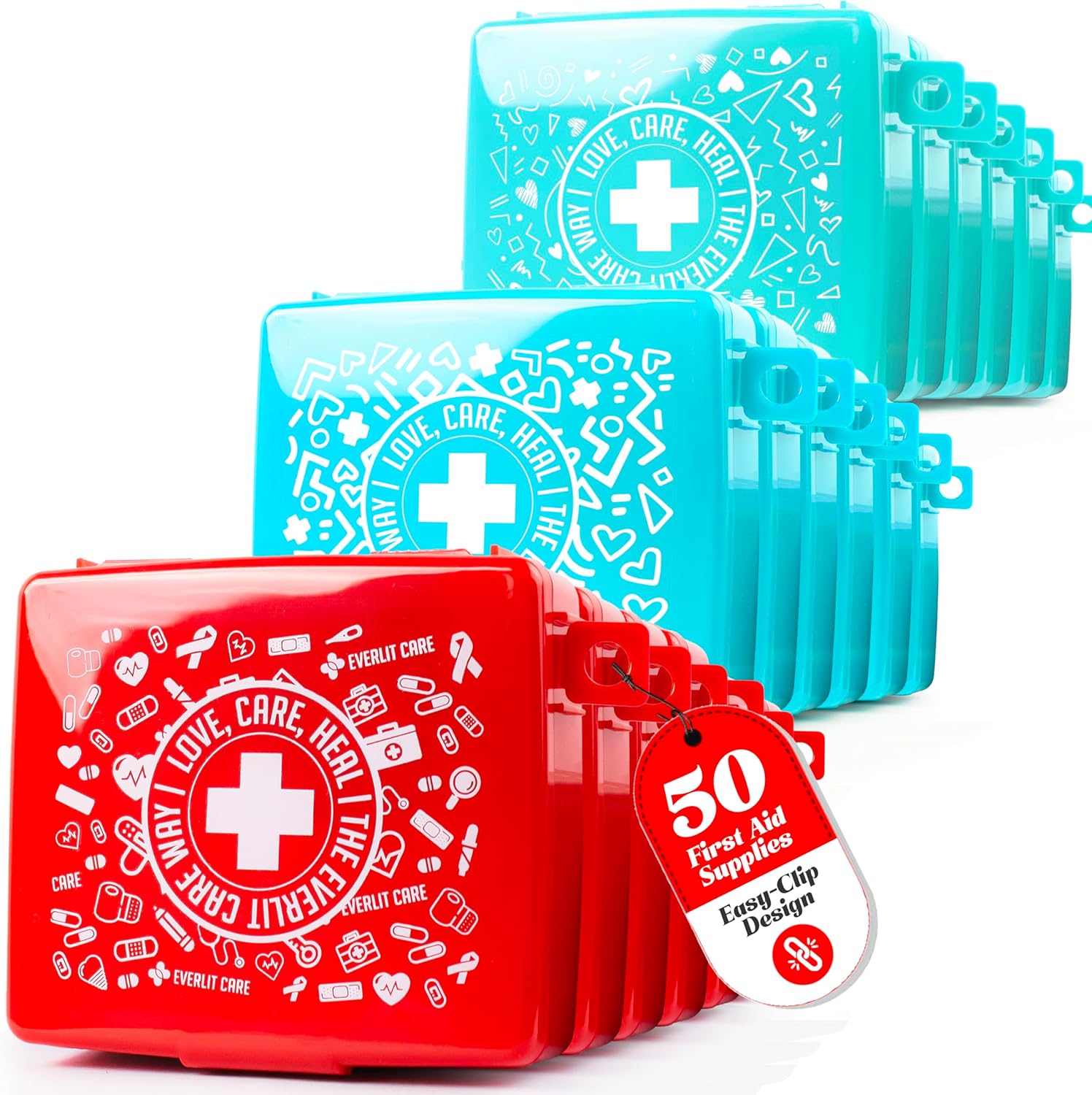 EVERLIT Pocket-Aid Mini First Aid Kit | Compact, Portable Hard-Shell Cases of 50 Items | Cuts, Scrapes, Wound Care Essentials for Travel, Outdoor, School, Camping, Home, Office (48 Packs | 2400 Pcs)