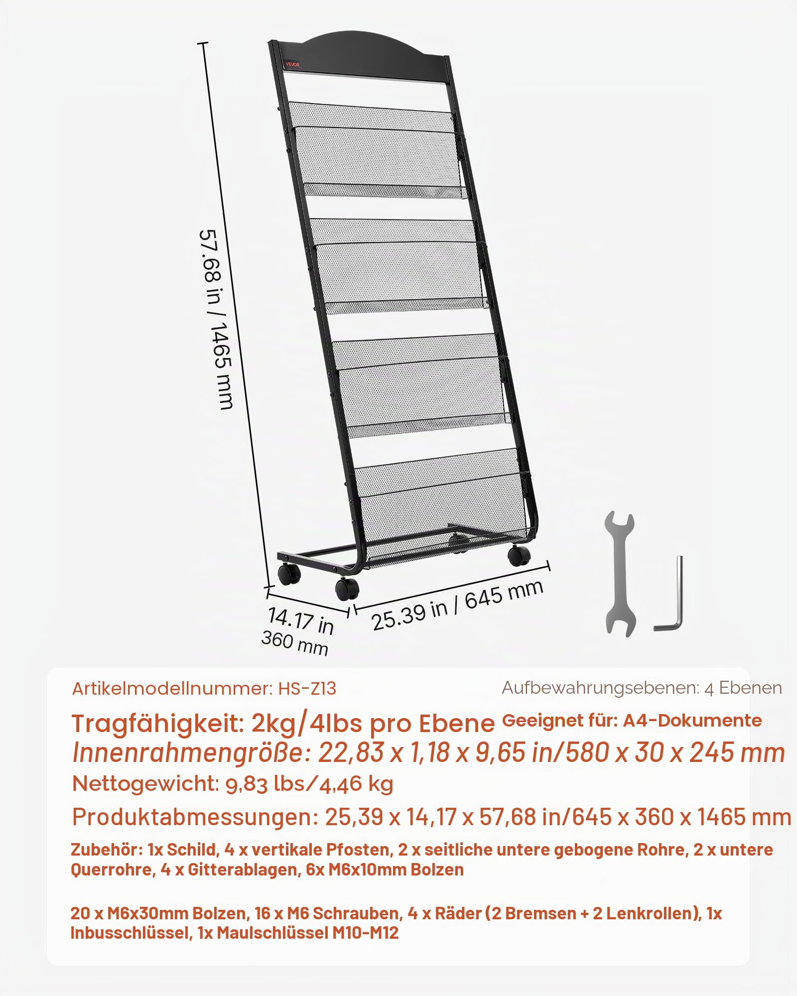 VEVOR faltbarer Prospektständer Zeitschriftenständer mit 4 Taschen, rollbarer Literaturständer Kataloghalter Schrägsteller, Buchständer Bodenaufsteller für Messe, Büroshows, Ausstellung