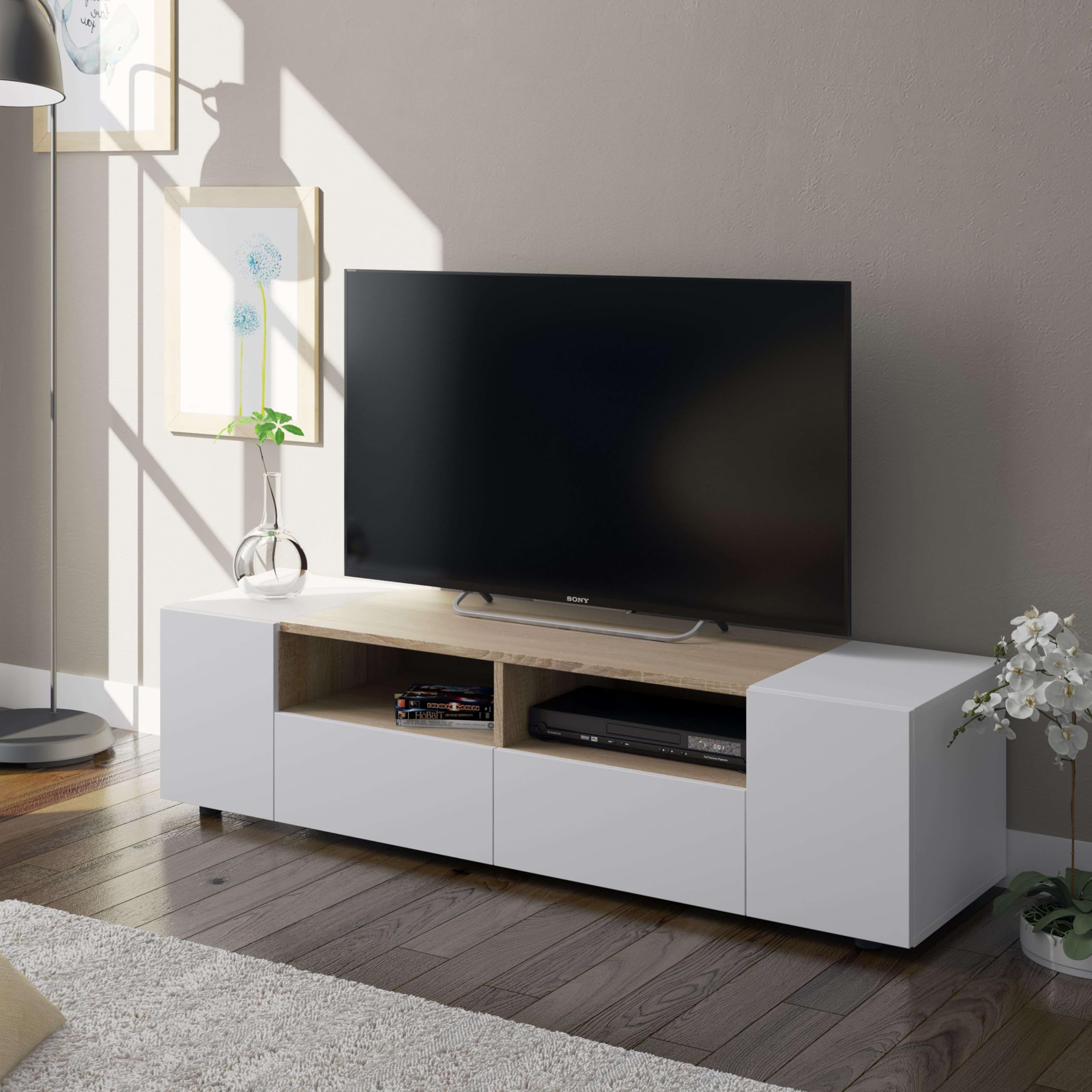 Habitdesign Modulo TV, Mueble de Salon, Juego de Muebles, Modelo Tamiko, Acabado en Blanco Artik y Roble Canadian, Medidas: 138 cm (Largo) x 42 cm (Fondo) x 36 cm (Alto)