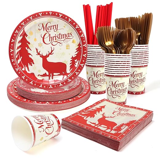 Christmas Paper Plates and Napkins Cups Straws Knives Forks Spoons Reindeer Disposable Tableware Set Xmas Tree Party Plates for 200Pcs 25 Guests Marry Christmas Party Supplies Decorations