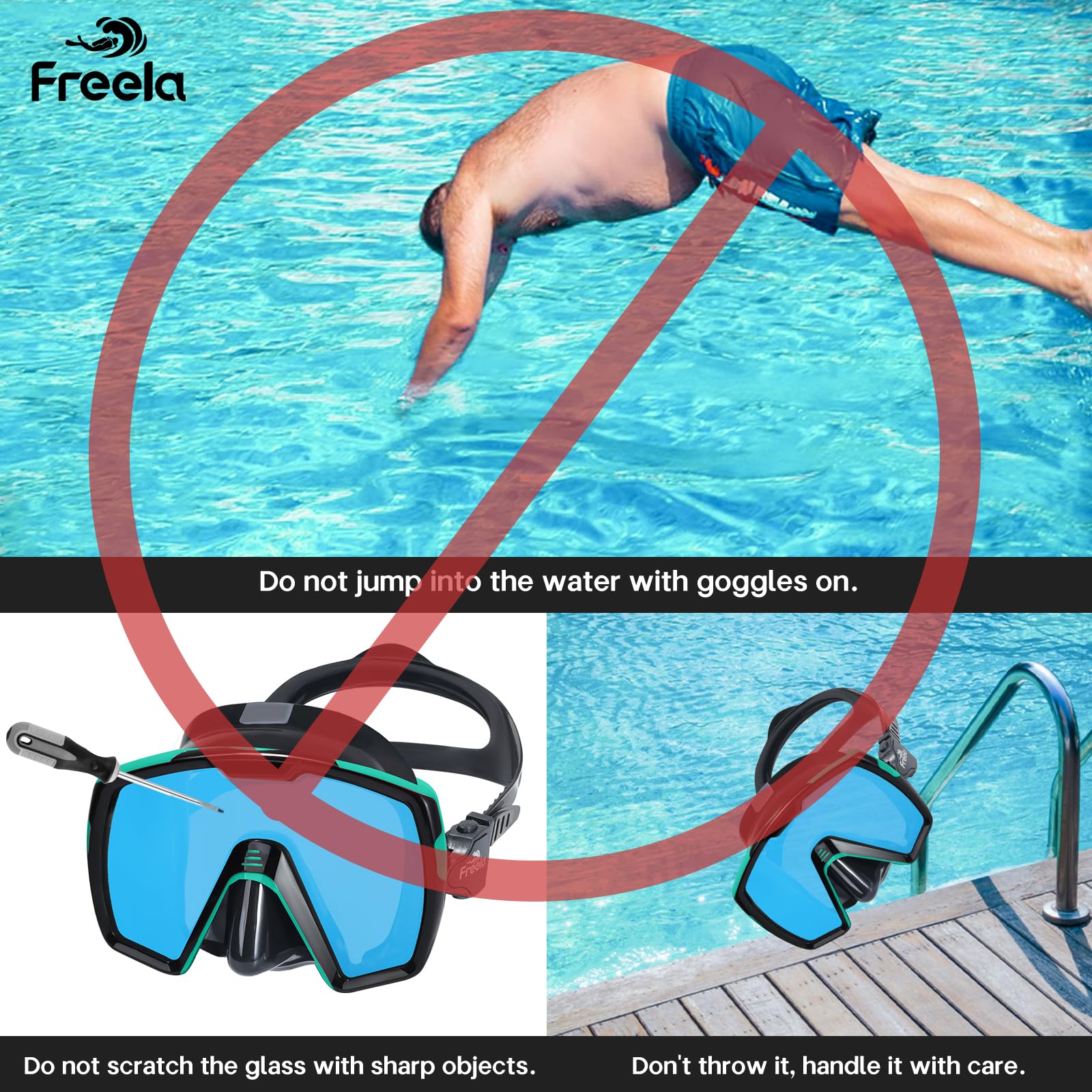 Freela Maschera da nuoto per adulti con copertura per il naso, in vetro temperato, anti appannamento, impermeabile, 180°, trasparente, ampia visuale, uomini e donne