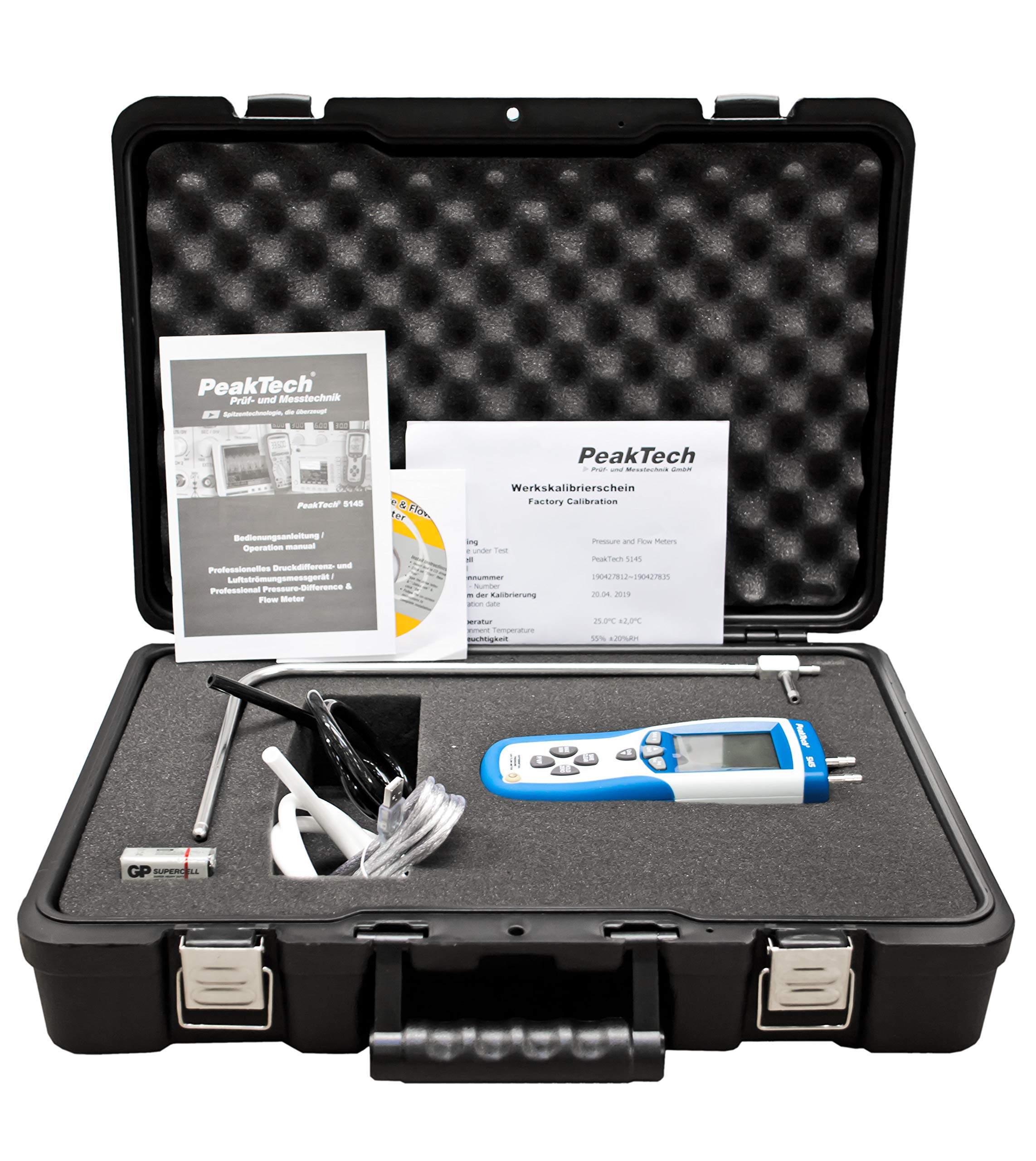 PeakTech, Manómetro de presión diferencial y medidor de velocidad del aire 2 en 1 con tubo de Pitot, manómetro de presión diferencial con USB, masa de aire y temperatura del aire