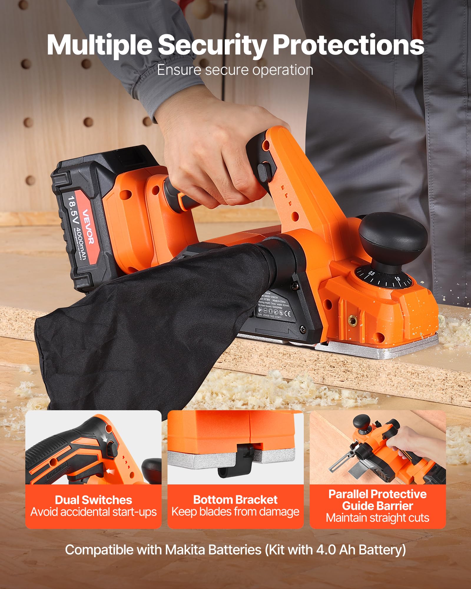 VEVOR Pialla a Mano Universale Regolabile Larghezza di Taglio 82 mm Pialla Elettrica Manuale per Legno da 15000 giri/min con Batteria al Litio da 4,0 Ah e 18 V, per la Lavorazione del Legno