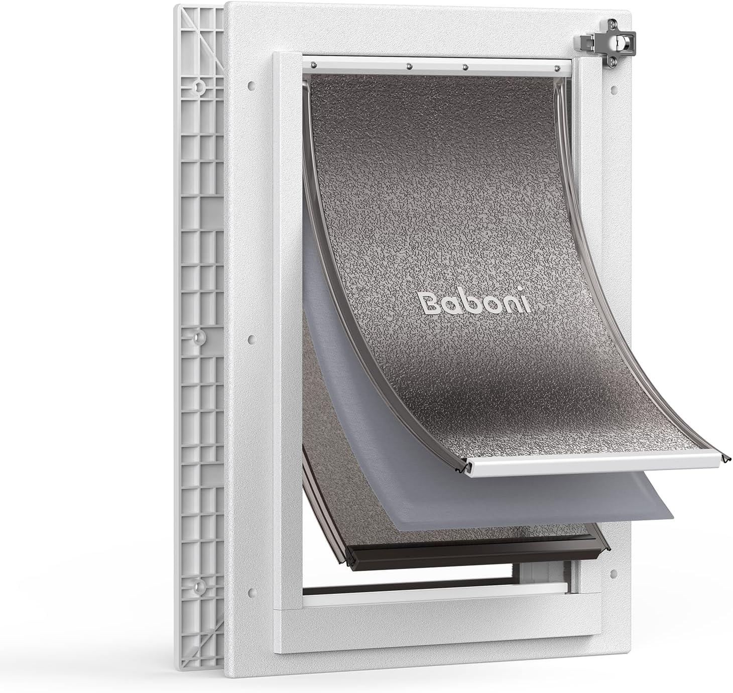 Baboni 3-Flaps Pet Door for Interior and Exterior Doors, Durable Plastic Frame and Telescoping Tunnel, Aluminum Lock/Metal Panel, Strong Magnetic Flaps, Never Rust Dog Door (Pets Up to 40 Lb) -Medium Medium for Door(Plastic Frame)